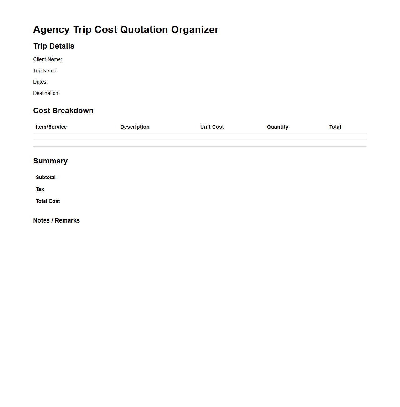 Agency Trip Cost Quotation Organizer