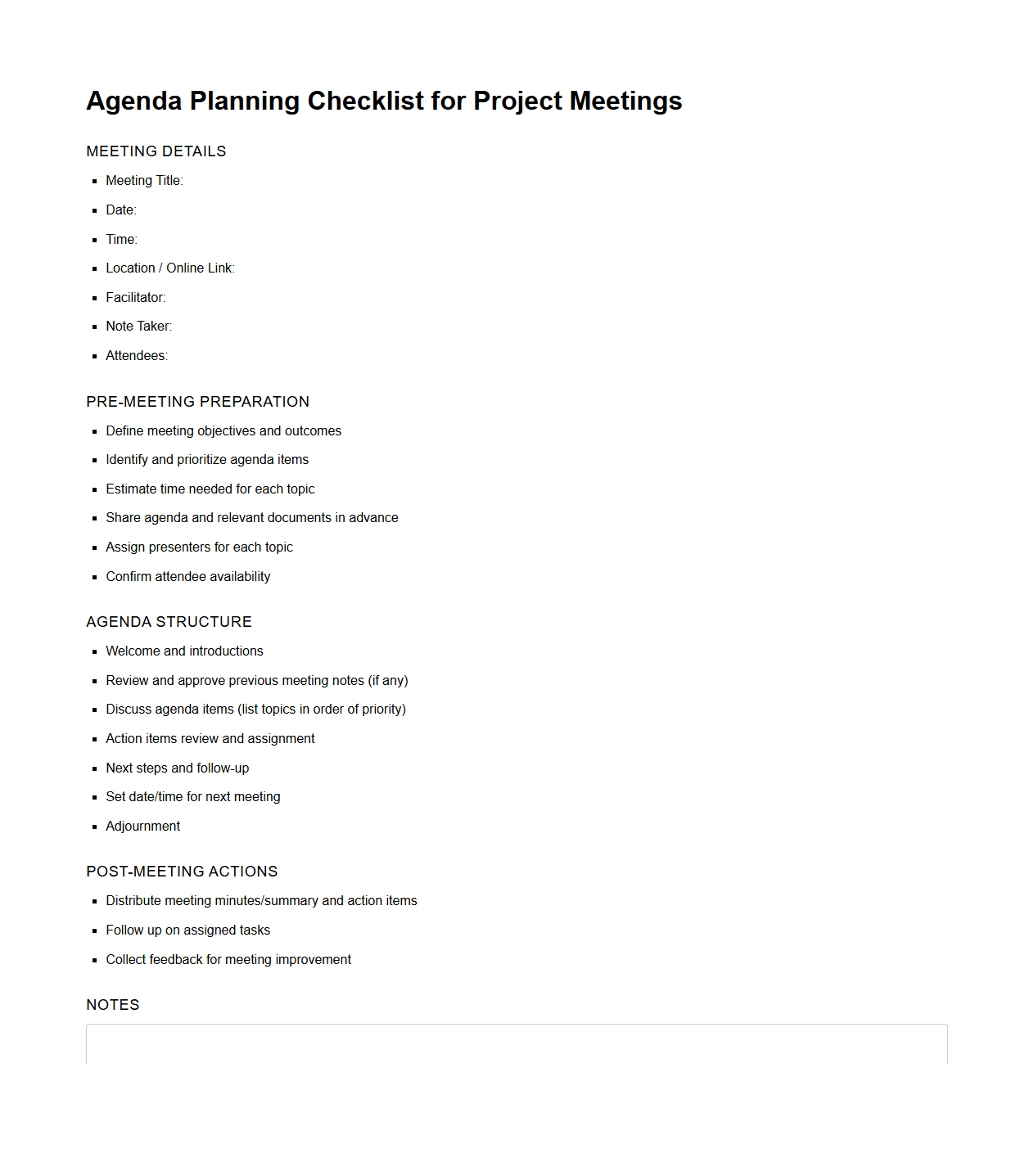 Agenda Planning Checklist for Project Meetings