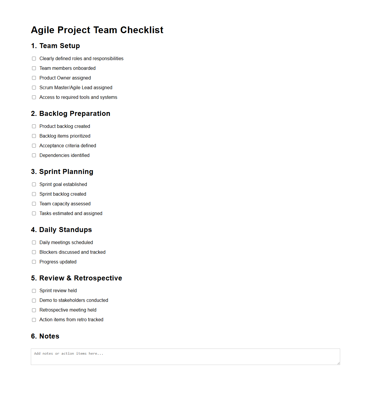 Agile Project Team Checklist Template