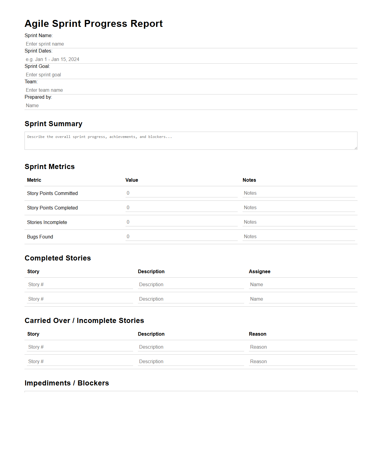 Agile Sprint Progress Report Template