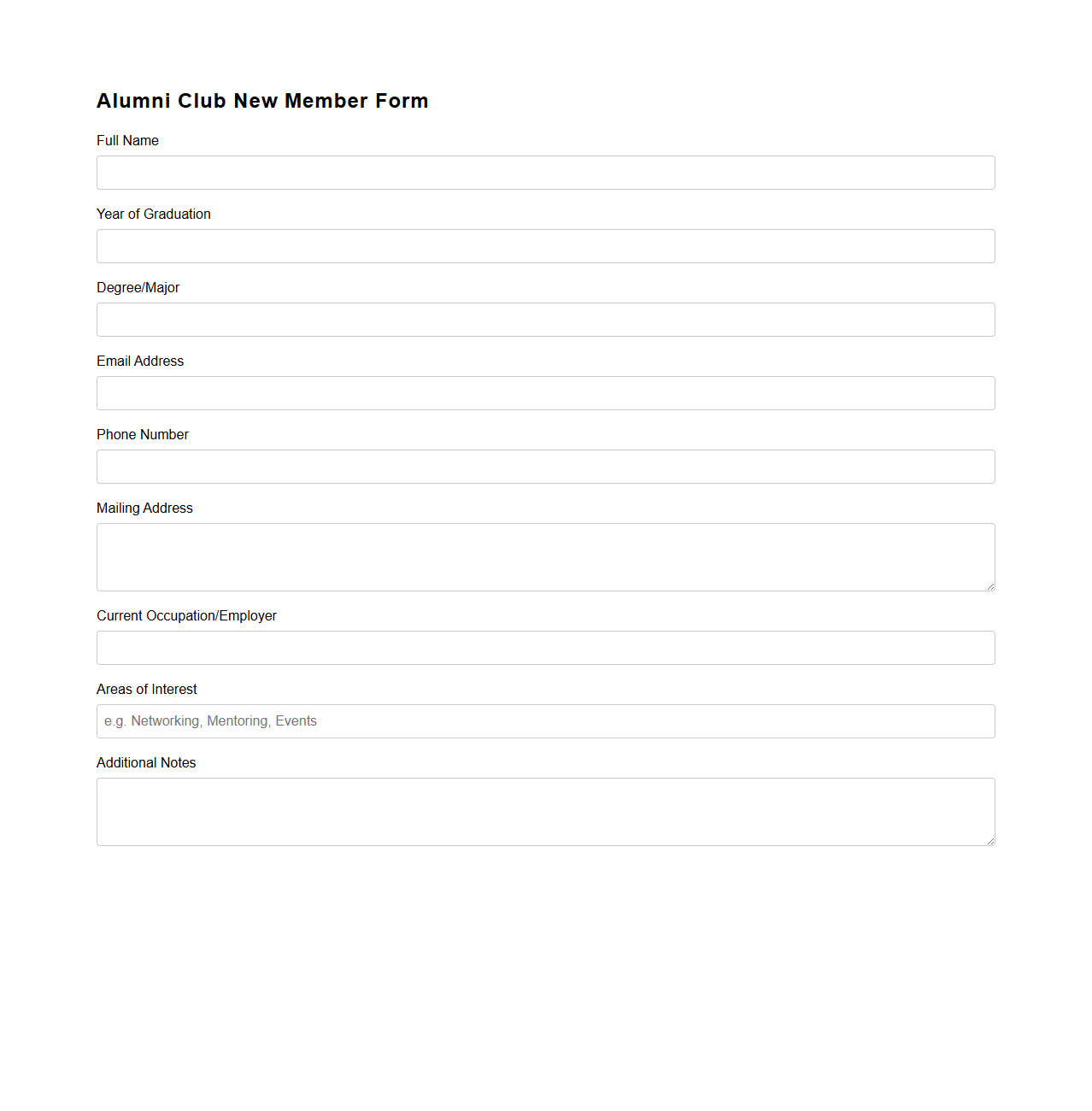 Alumni Club New Member Form Template