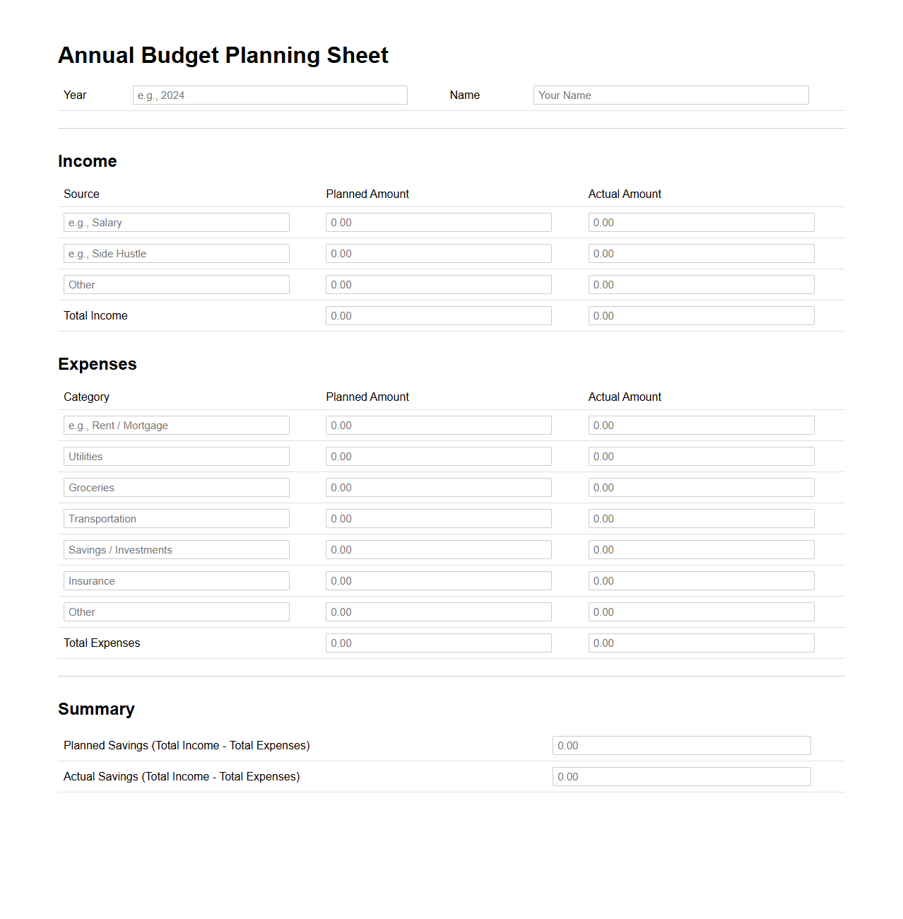 Annual Budget Planning Sheet for Individuals