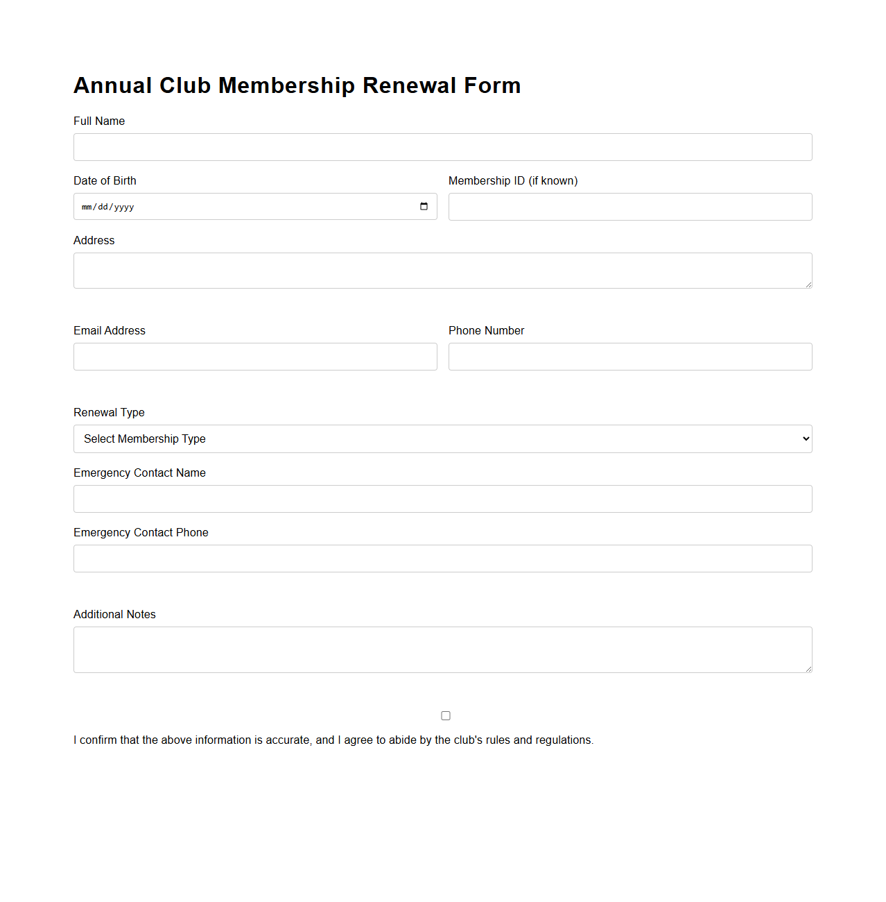 Annual Club Membership Renewal Form Template
