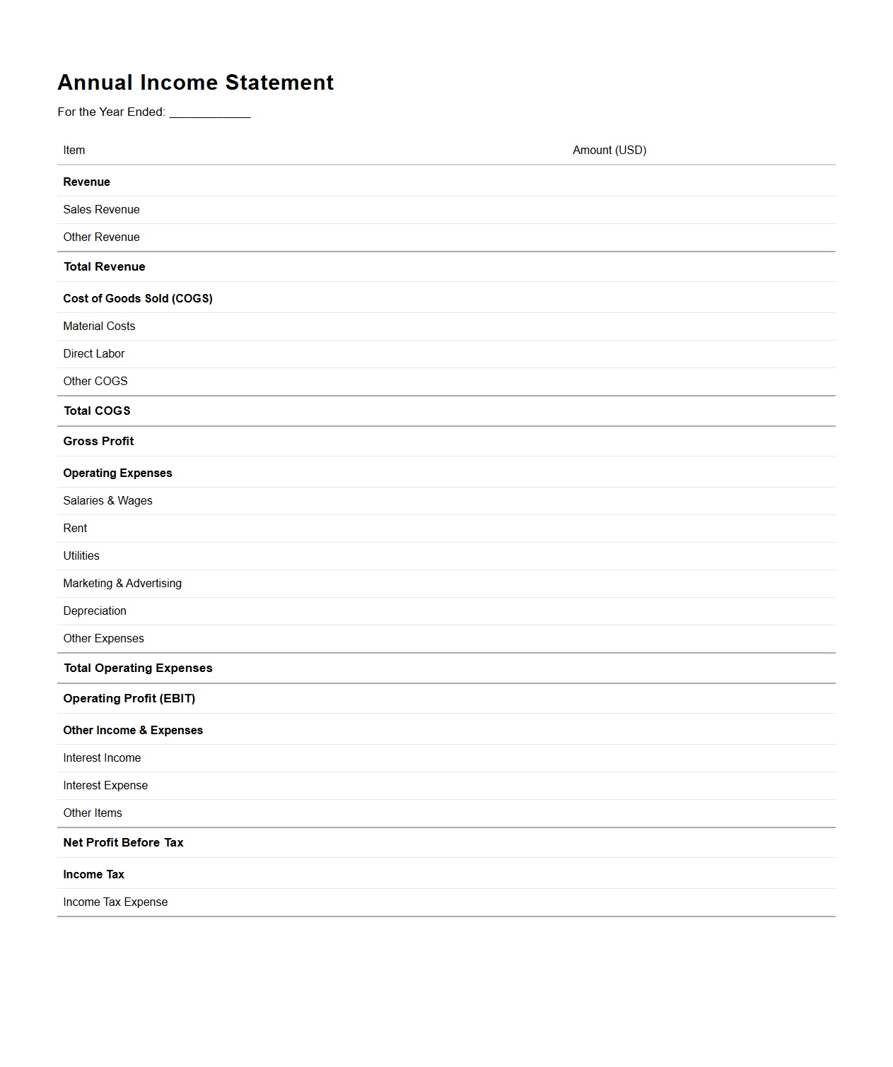 Annual Income Statement Sheet for Small Enterprises
