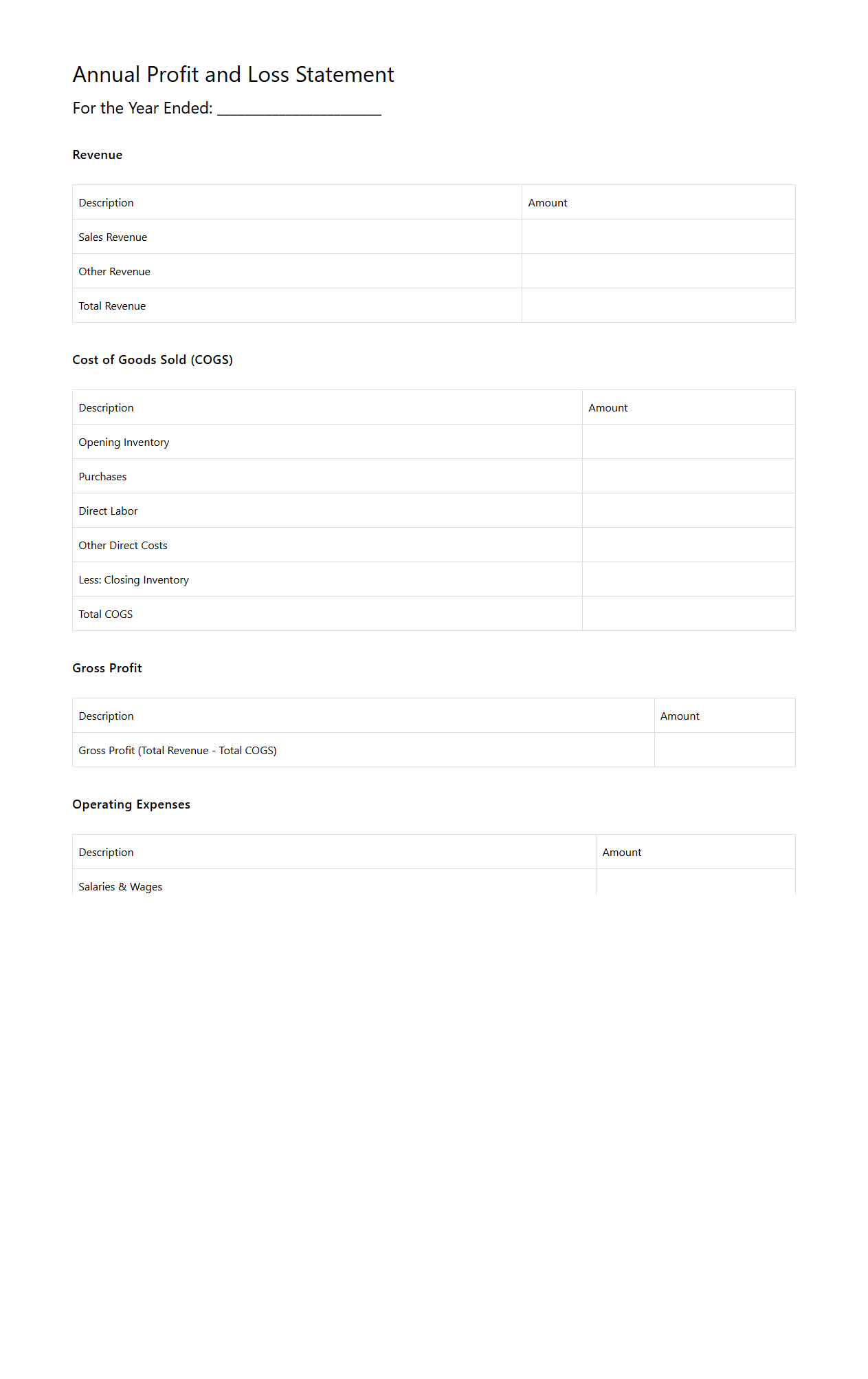 Annual Profit and Loss Blank Form