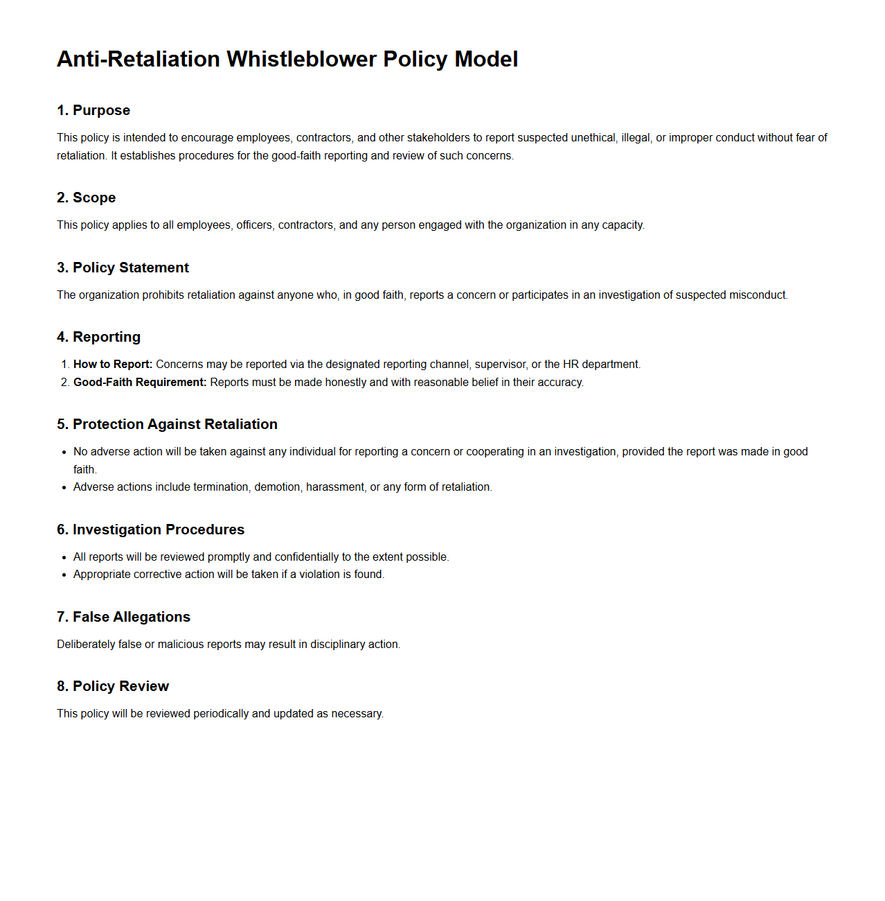 Anti-Retaliation Whistleblower Policy Model
