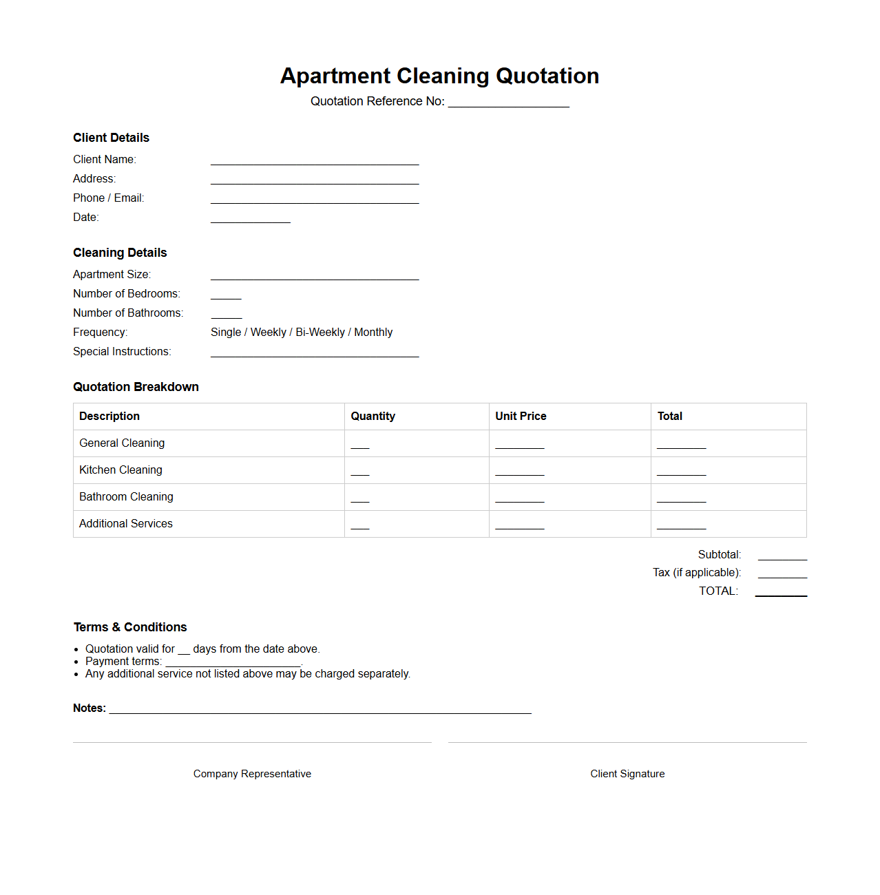 Apartment Cleaning Quotation Format