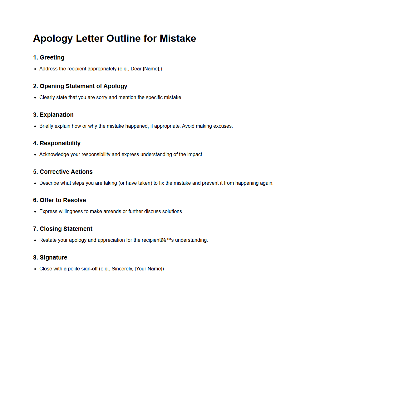 Apology Letter Outline for Mistake