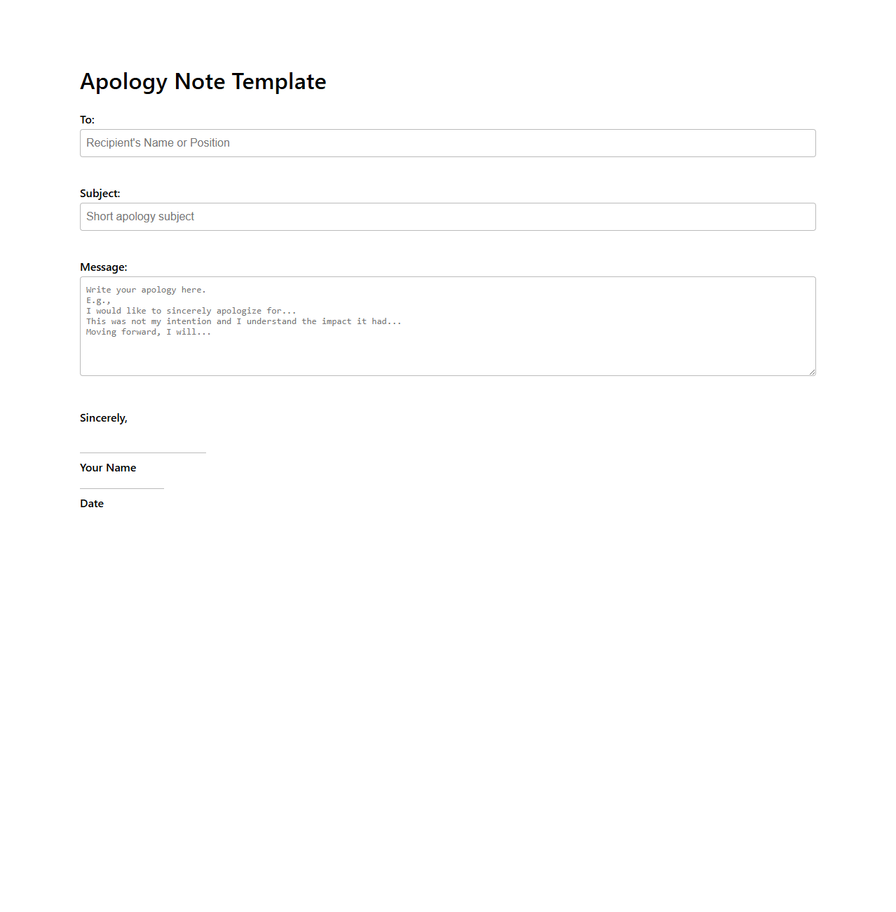 Apology Note Template for Workplace