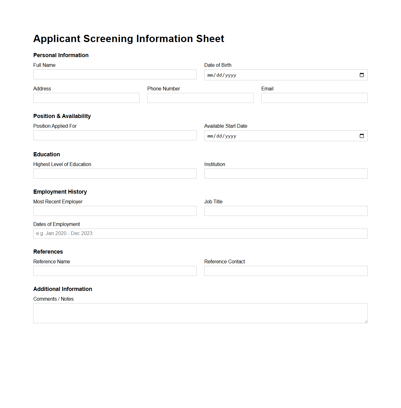 Applicant Screening Information Sheet