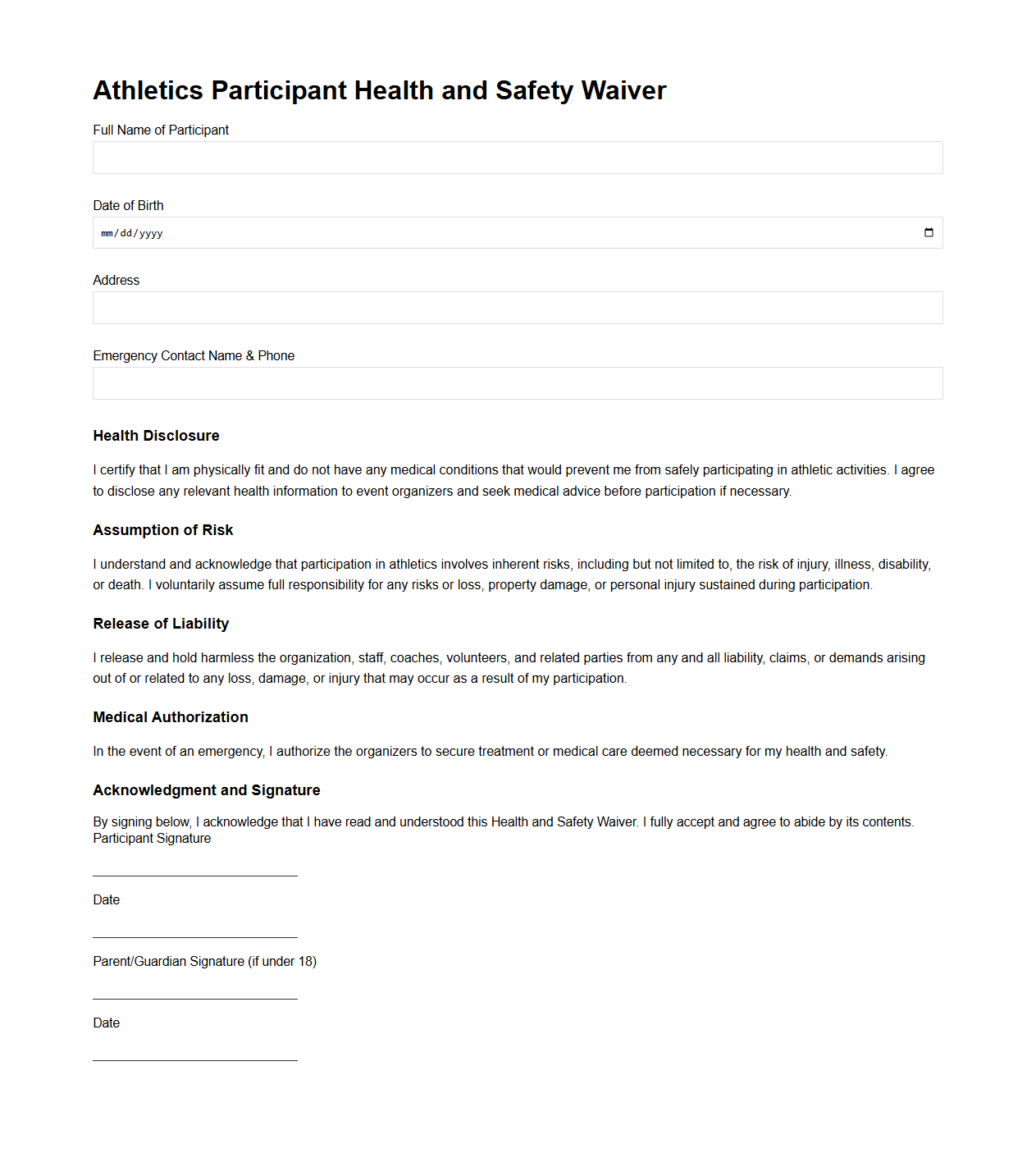 Athletics Participant Health and Safety Waiver Template