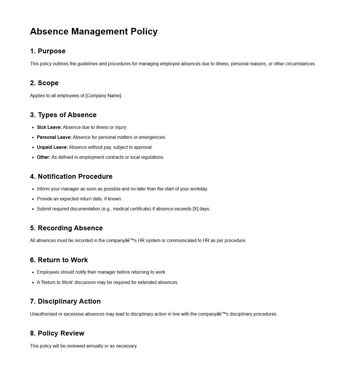 Basic Absence Management Policy Layout
