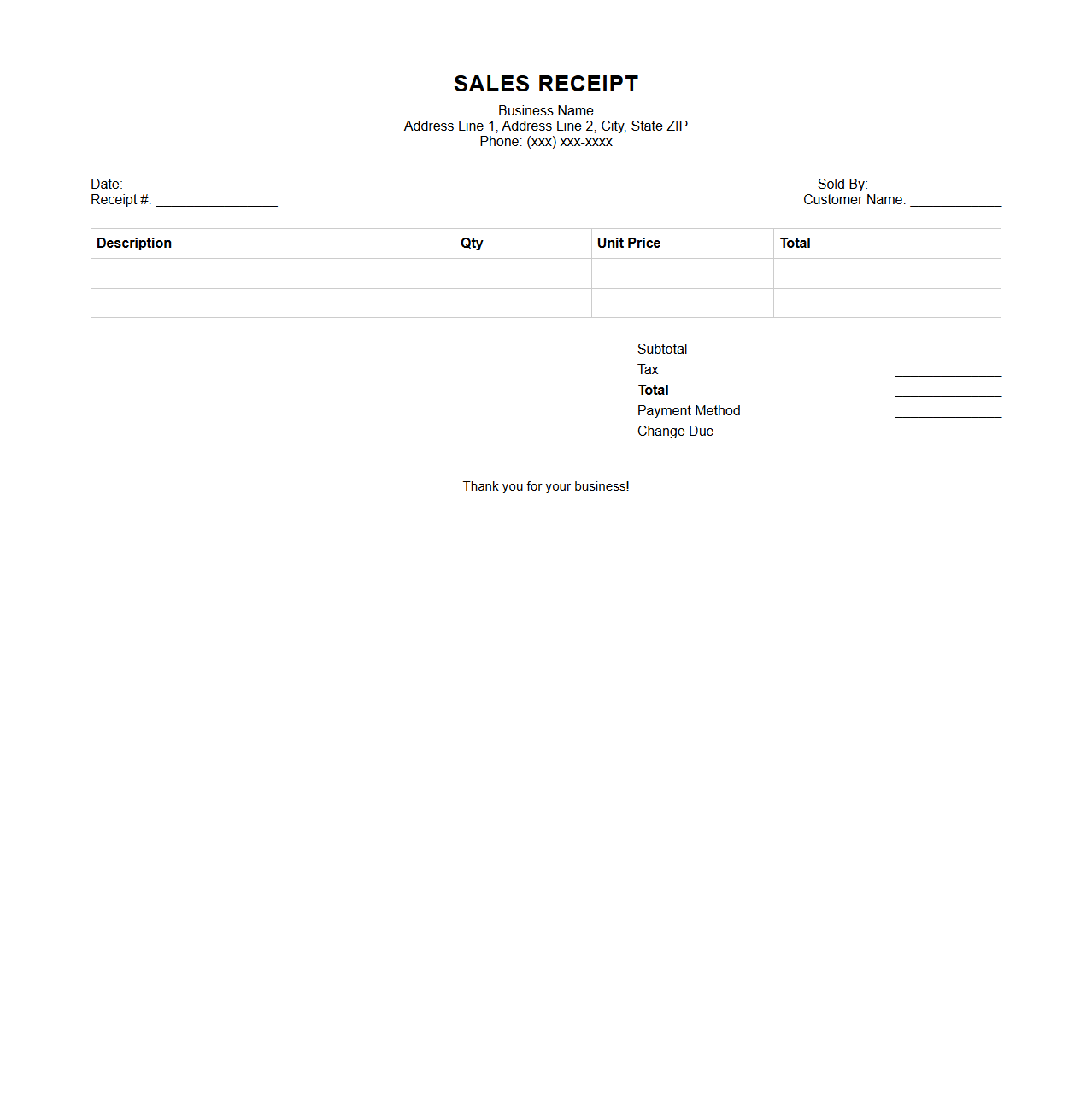 Basic Blank Sales Receipt for Small Retail Businesses