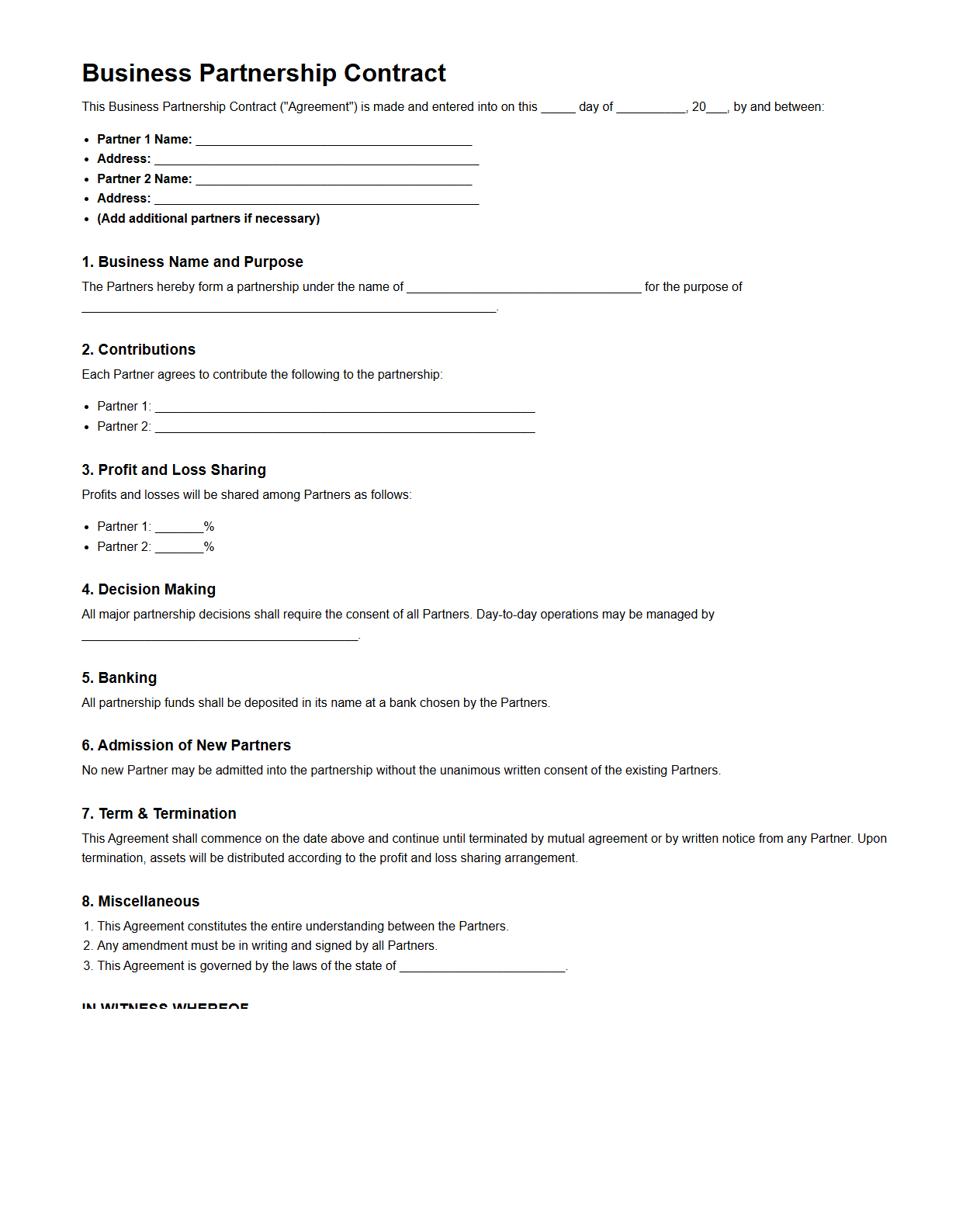 Basic Business Partnership Contract Template
