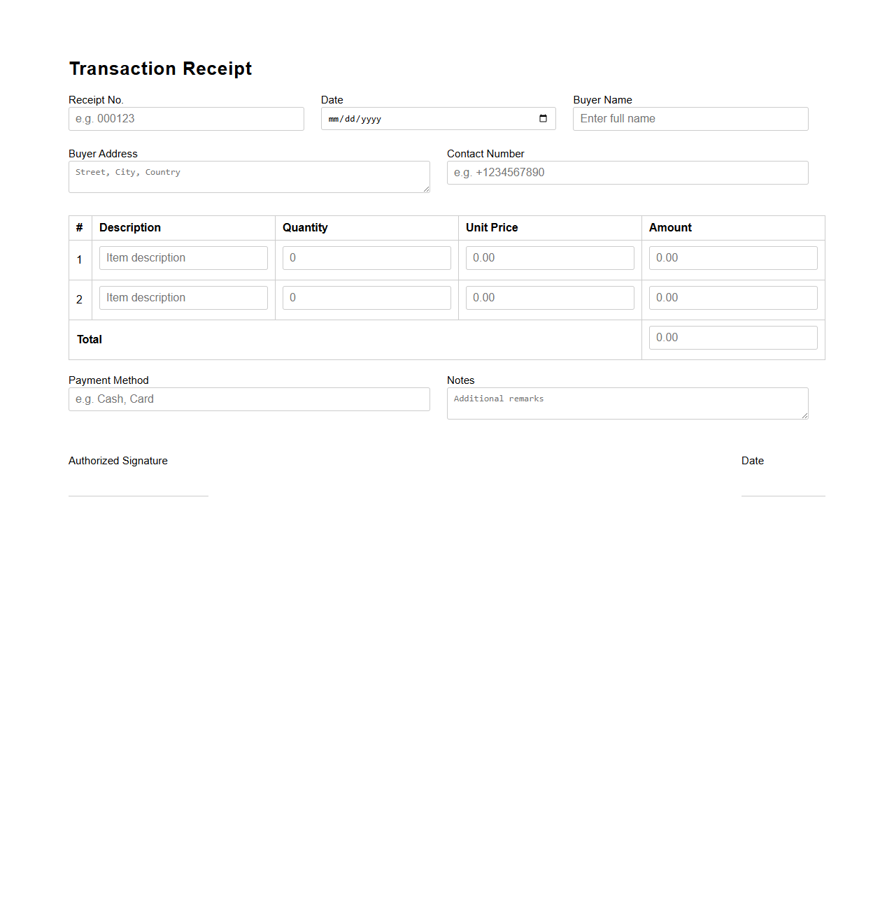 Basic Buyer Transaction Receipt Format