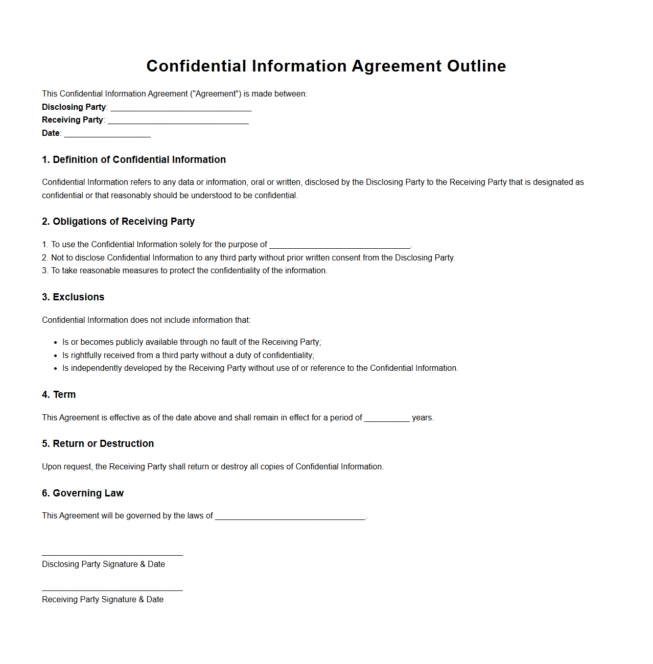 Basic Confidential Information Agreement Outline
