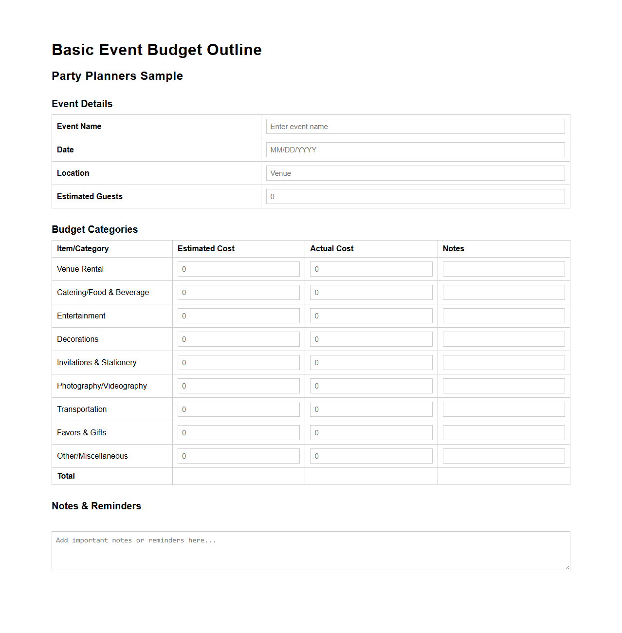 Basic Event Budget Outline for Party Planners