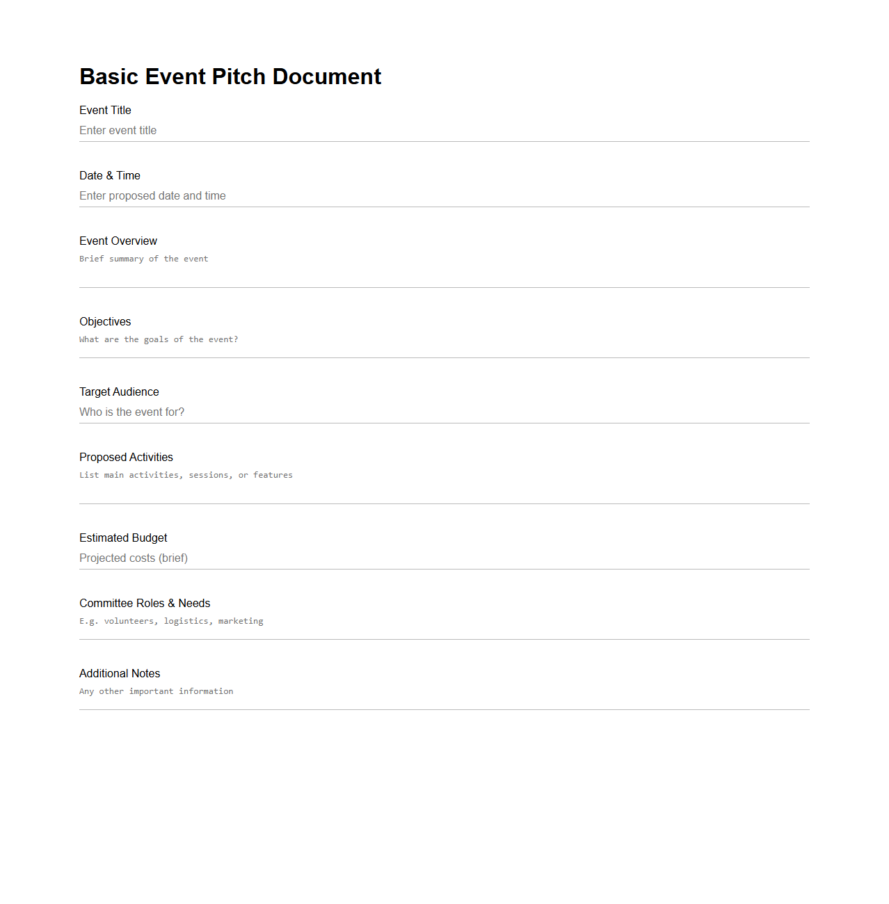 Basic Event Pitch Document for Committees