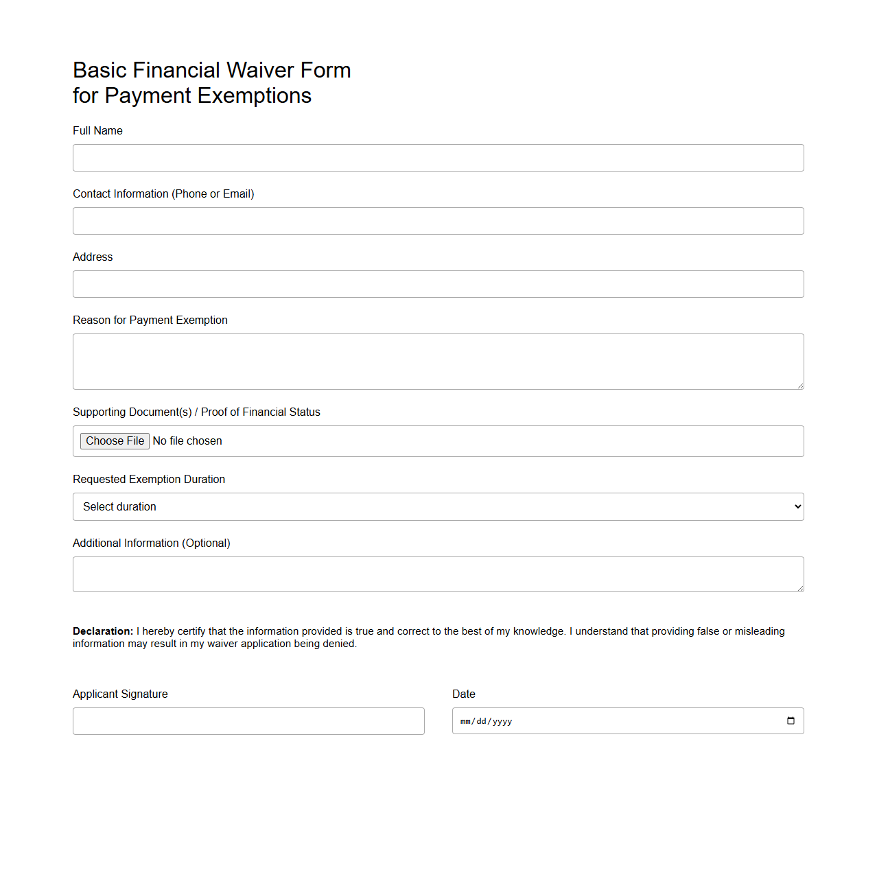 Basic Financial Waiver Form for Payment Exemptions