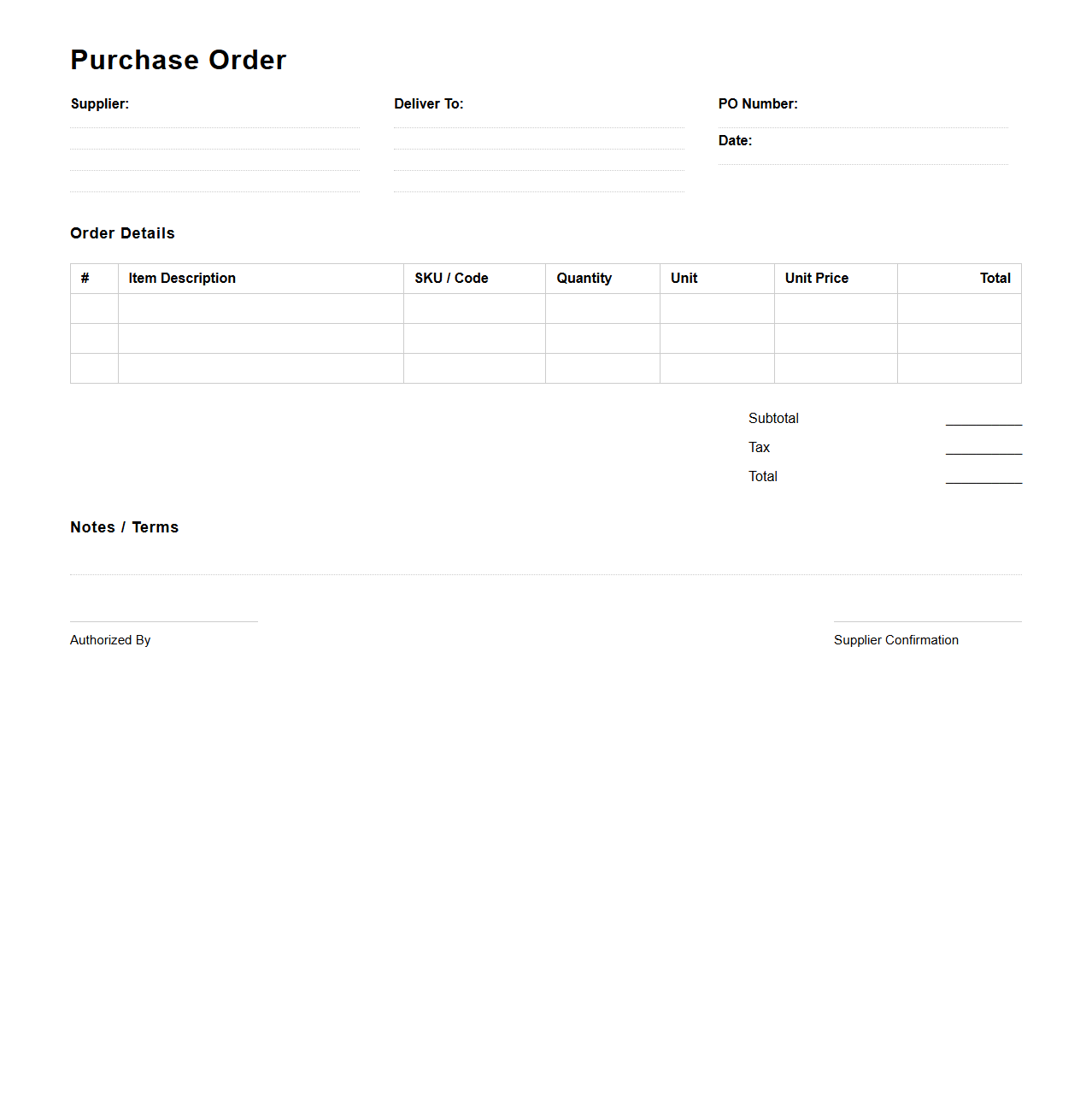 Basic Goods Purchase Order Template