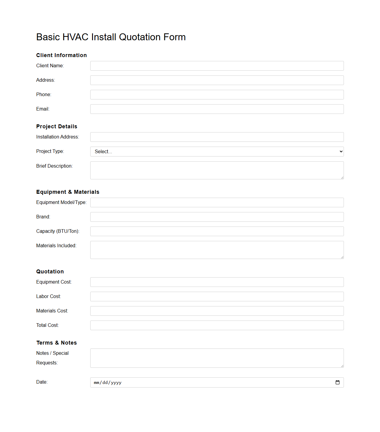 Basic HVAC Install Quotation Form