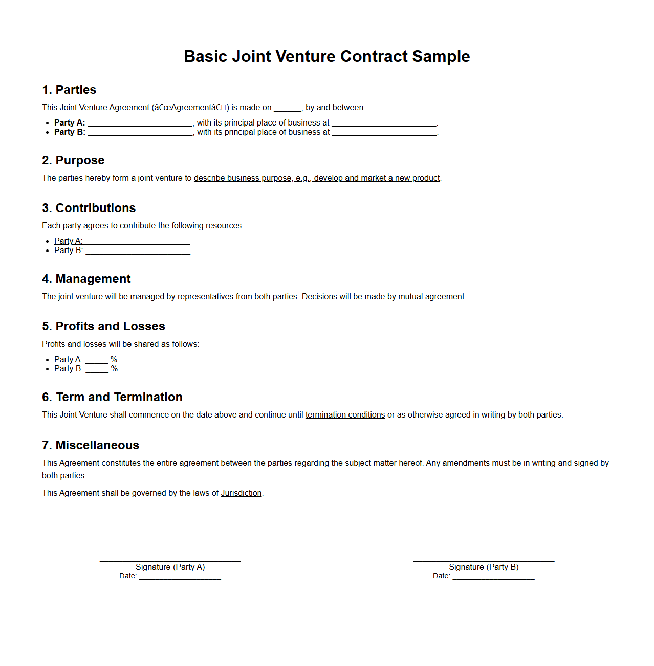 Basic Joint Venture Contract Sample for Business Collaborations