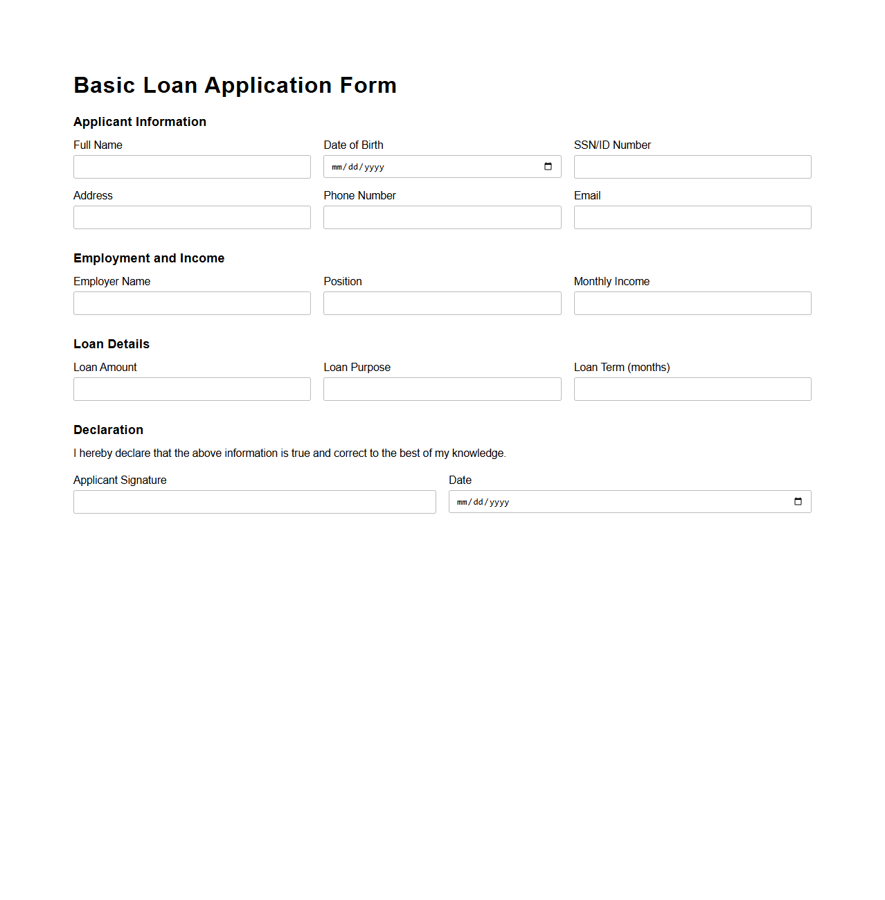 Basic Loan Application Template for Bank Use