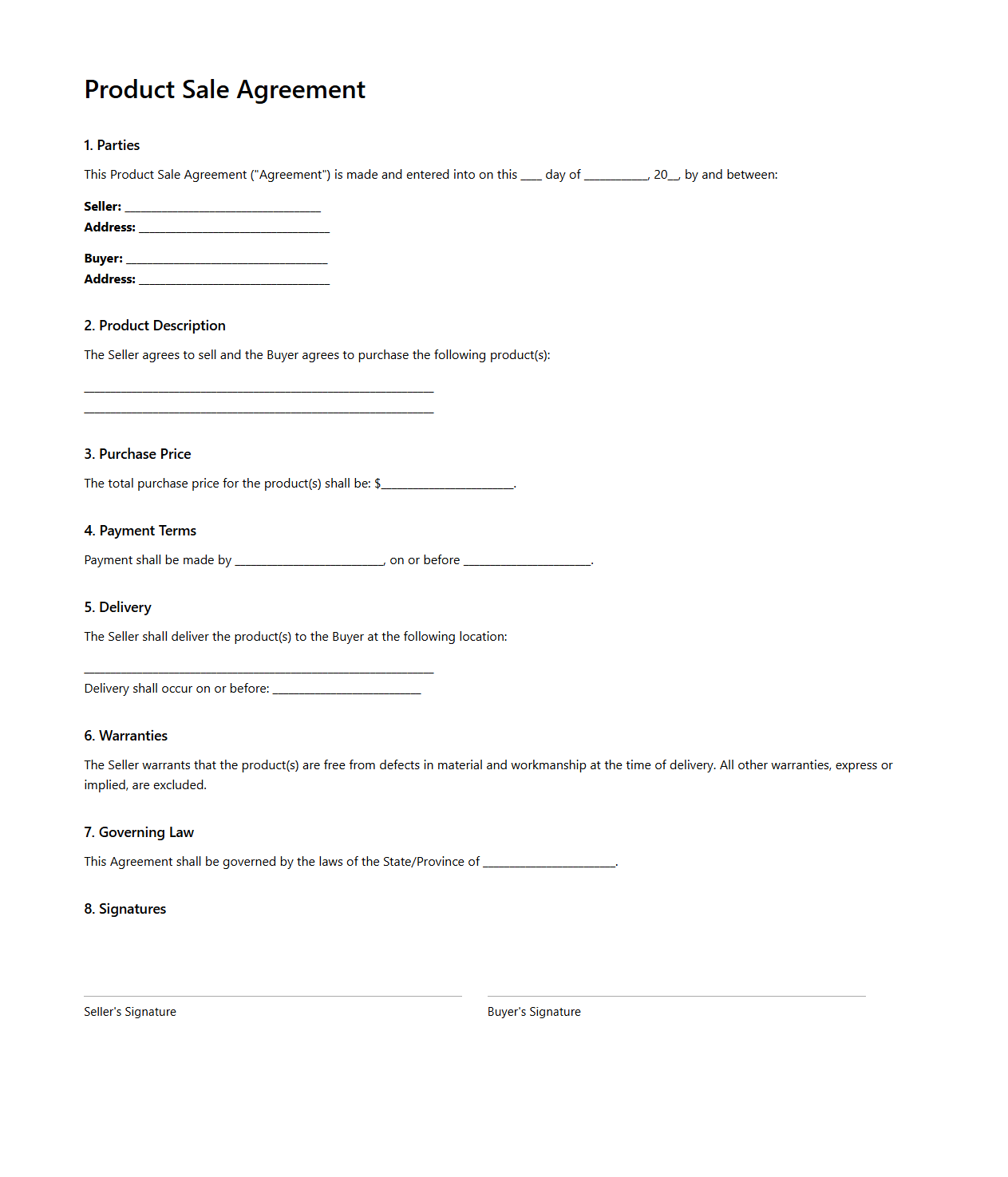 Basic Product Sale Agreement Document