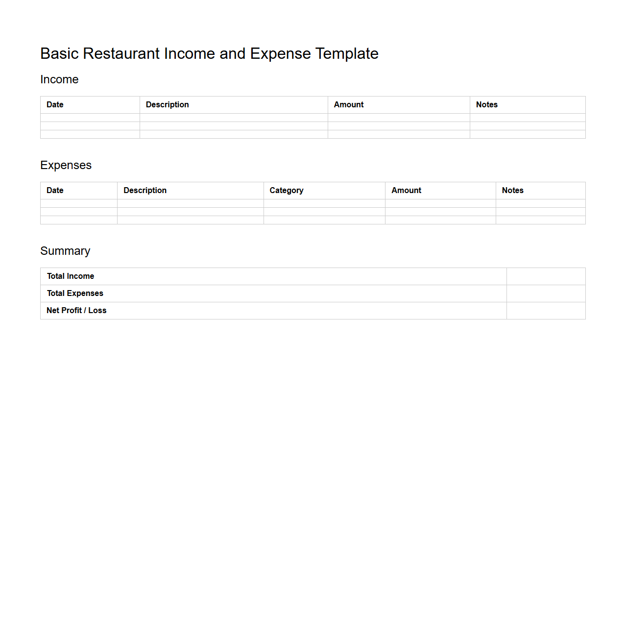 Basic Restaurant Income and Expense Blank Template