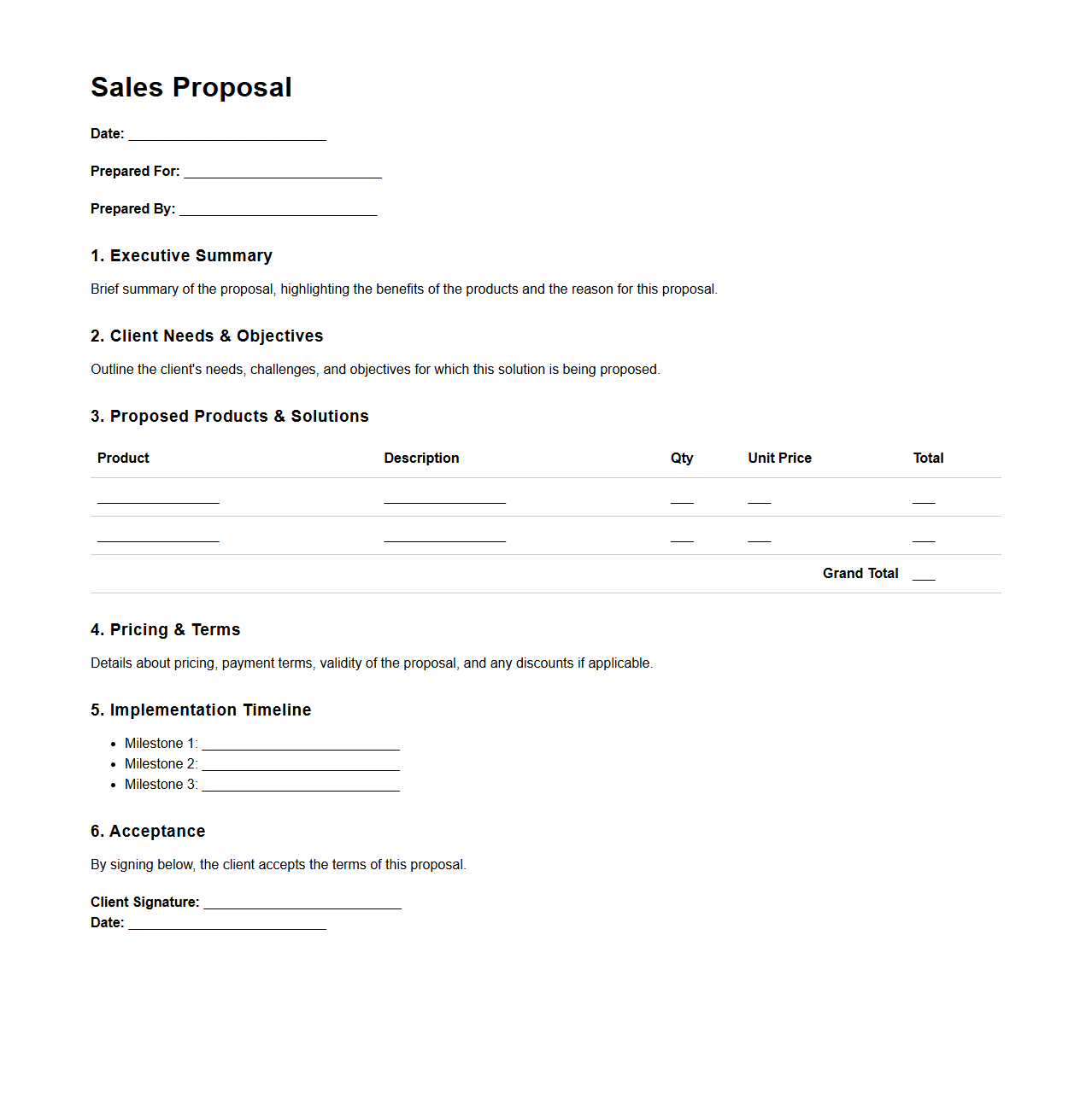 Basic Sales Proposal Format for Products
