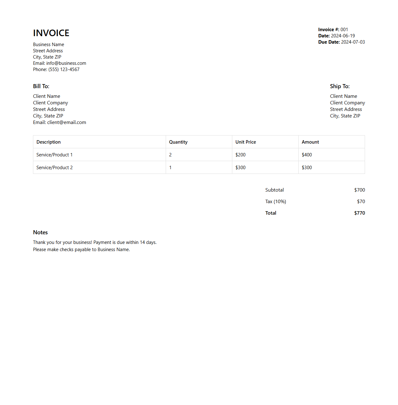 Basic Small Business Invoice Template
