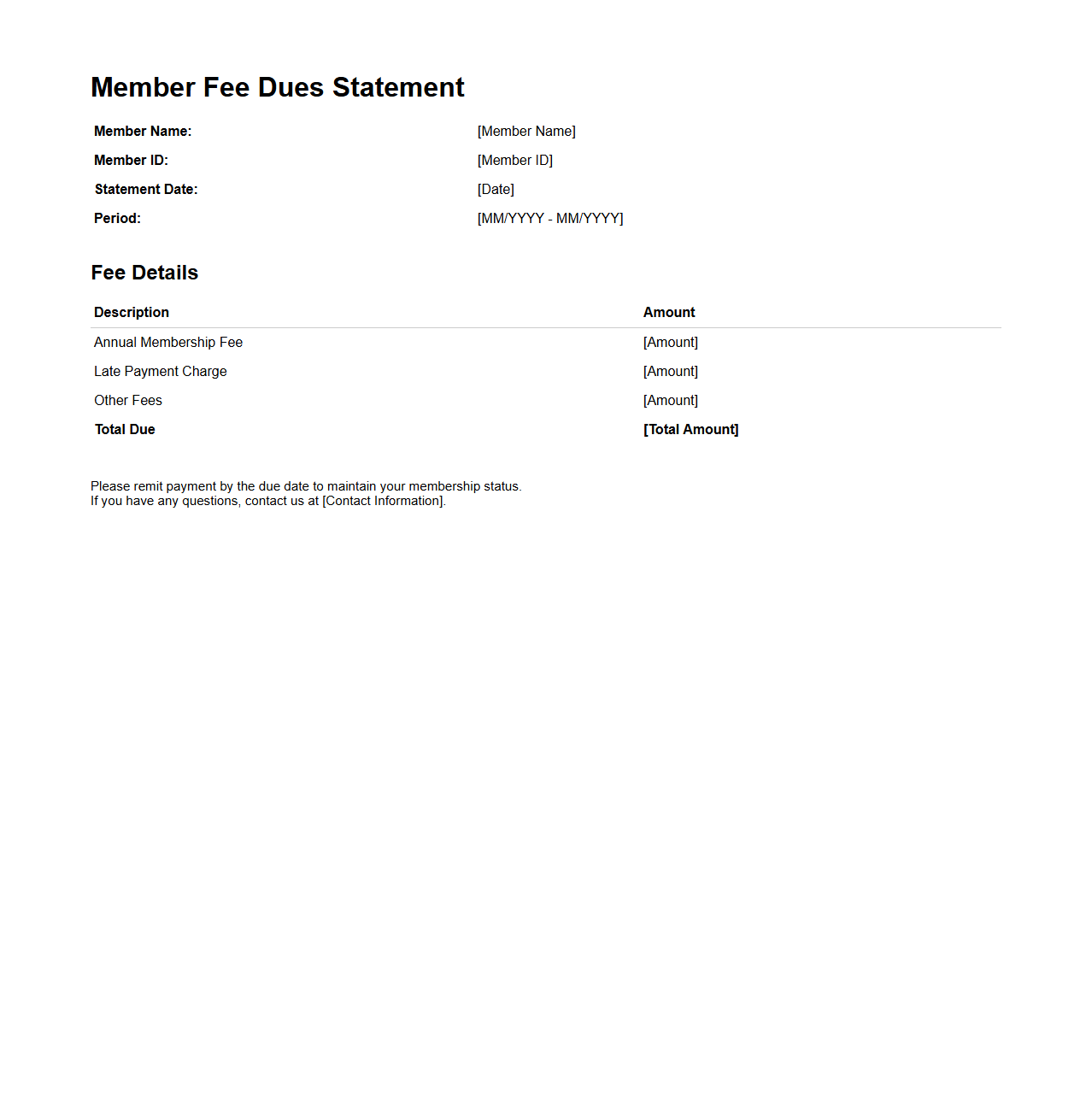 Basic Statement for Member Fee Dues