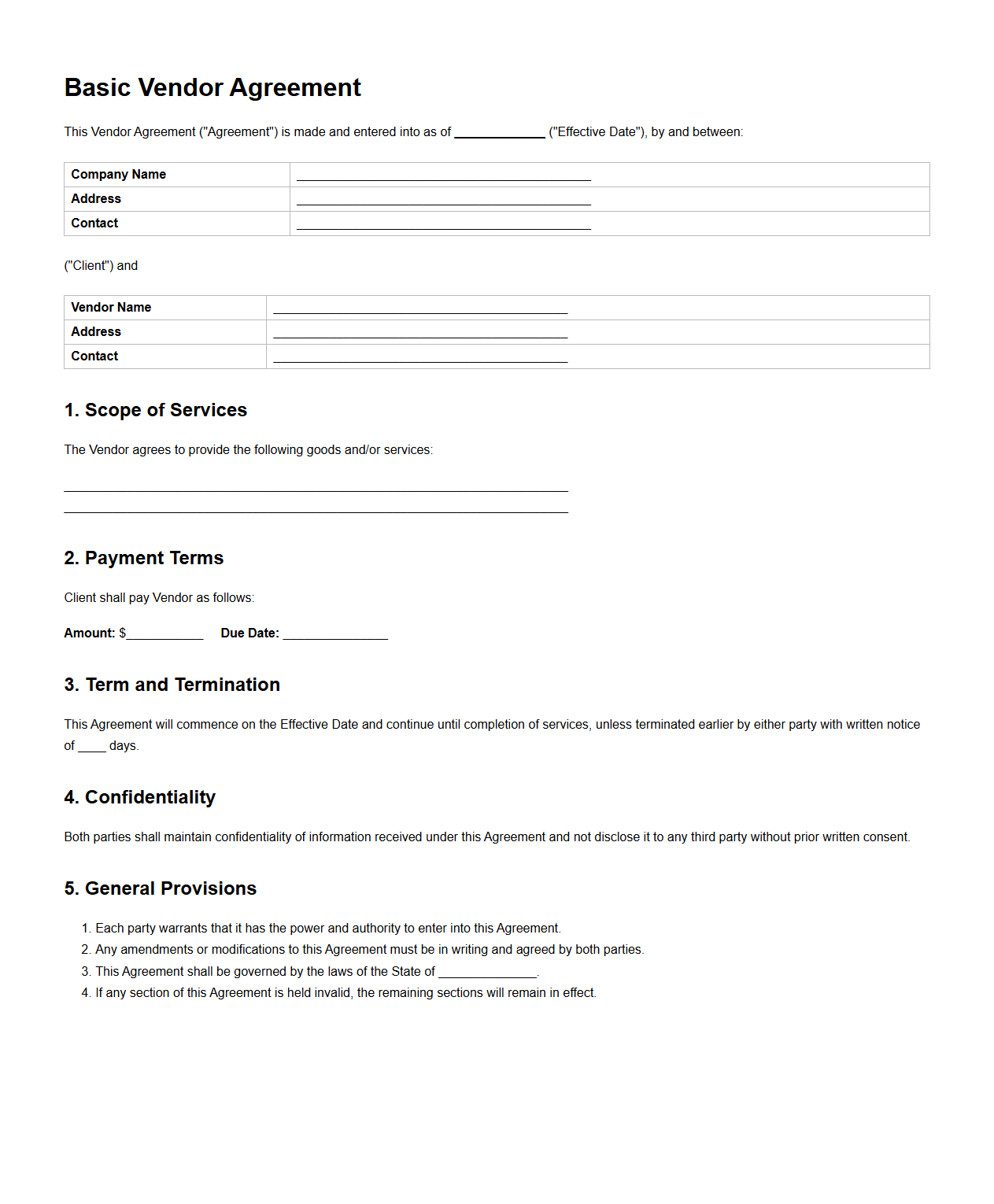 Basic Vendor Agreement Template