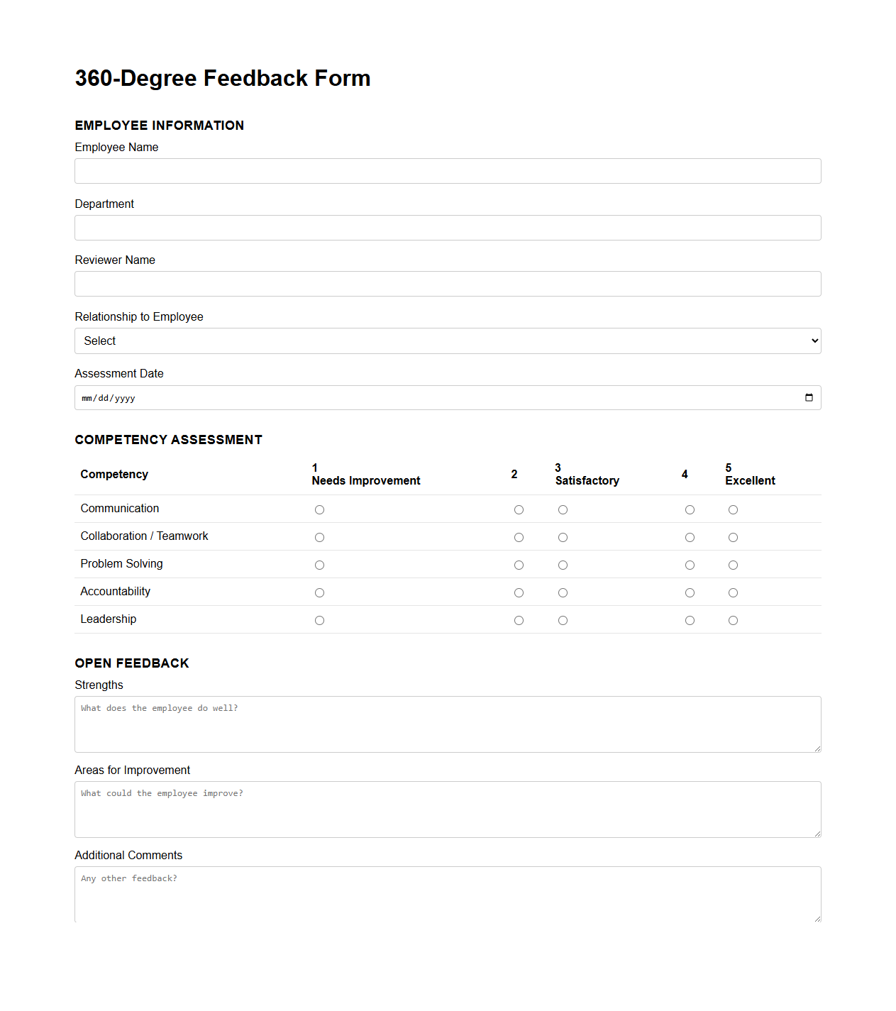 Blank 360-Degree Feedback Form for Employee Assessment