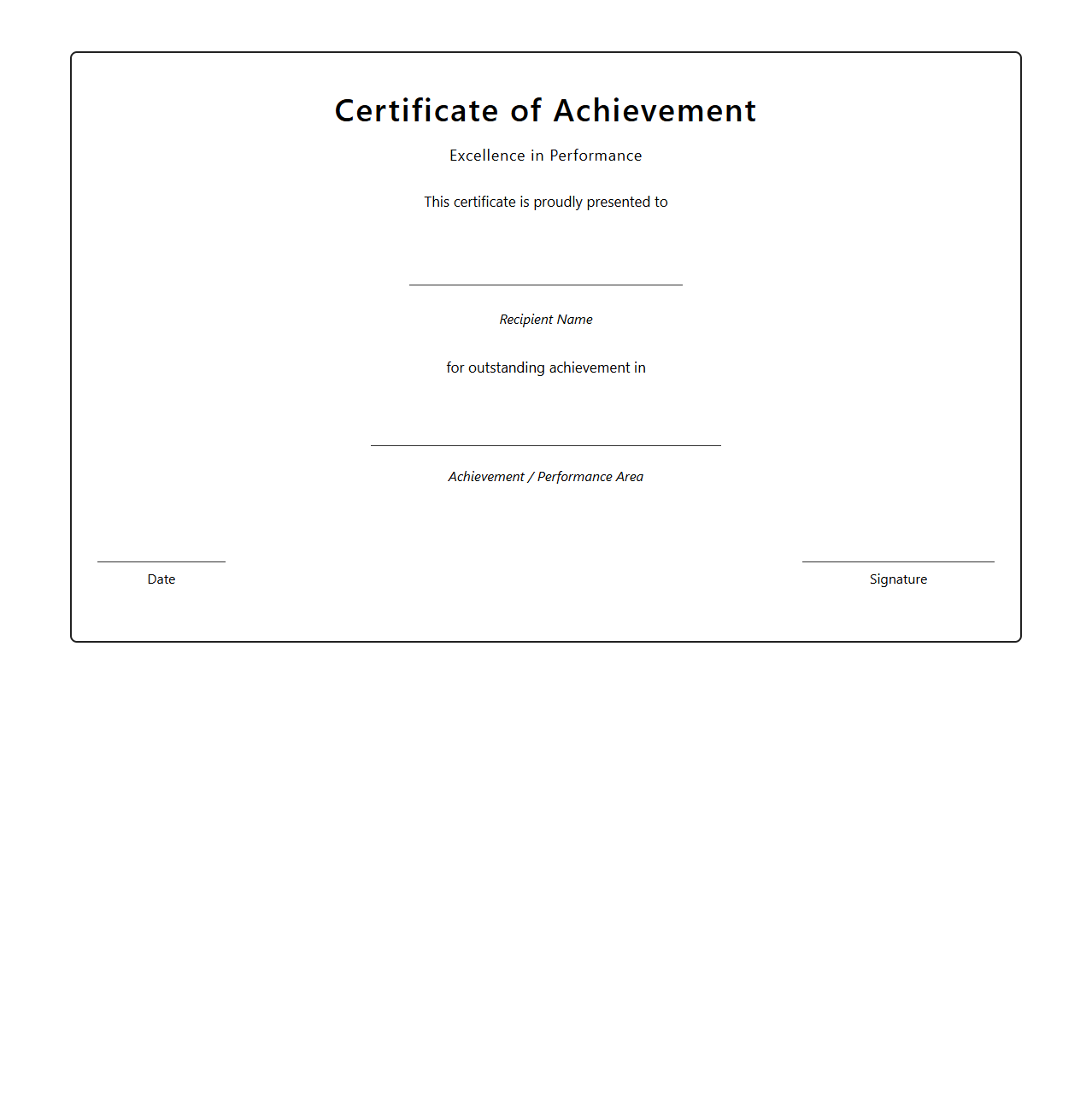 Blank Achievement Excellence Certificate Template for Performance