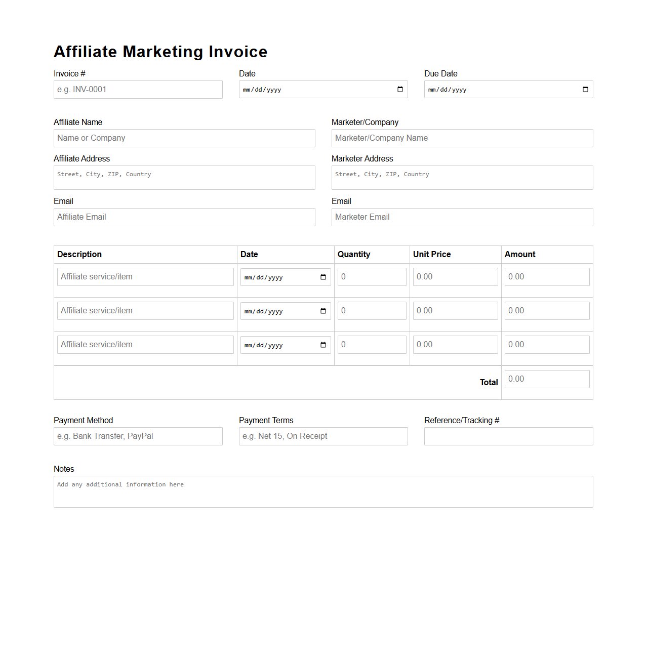 Blank Affiliate Marketing Invoice Template
