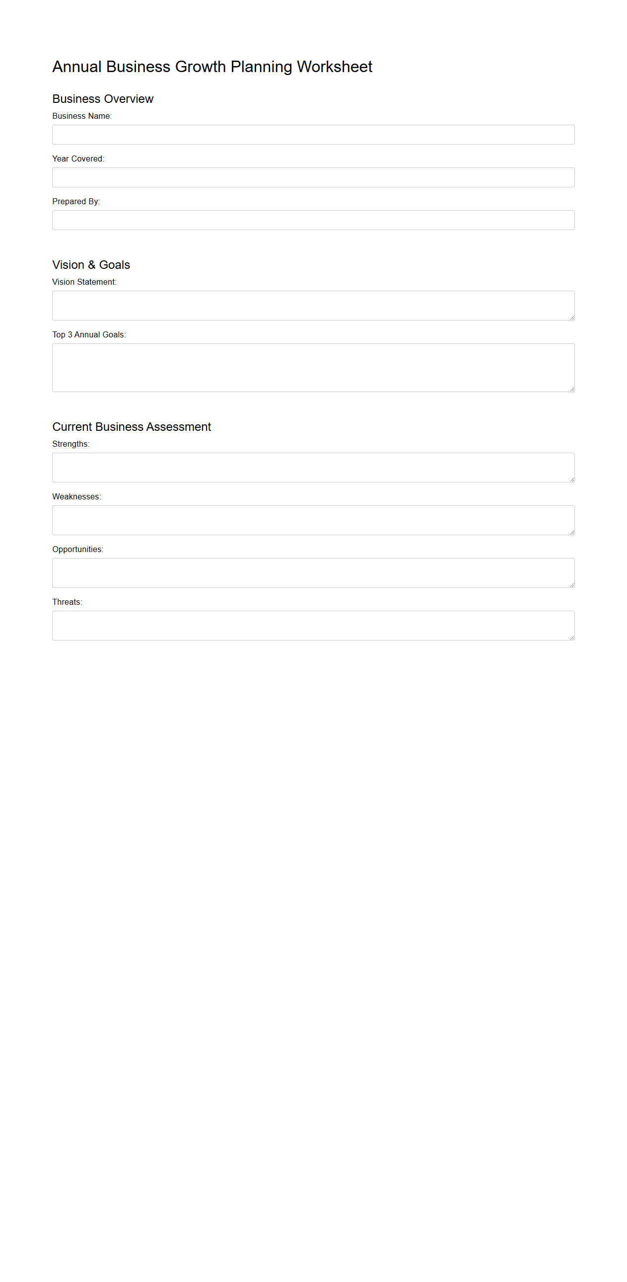 Blank Annual Business Growth Planning Worksheet