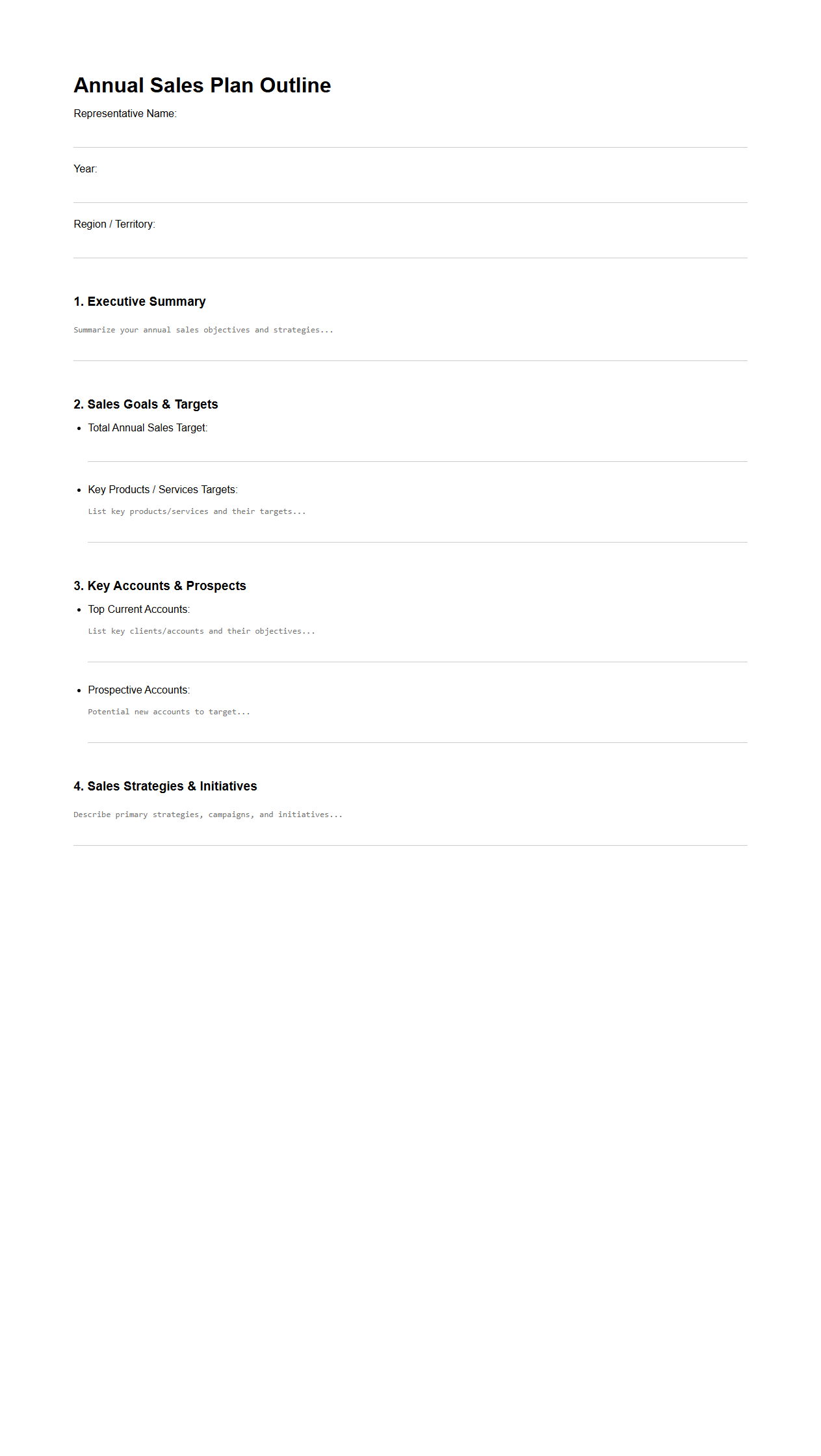 Blank Annual Sales Plan Outline for Representatives
