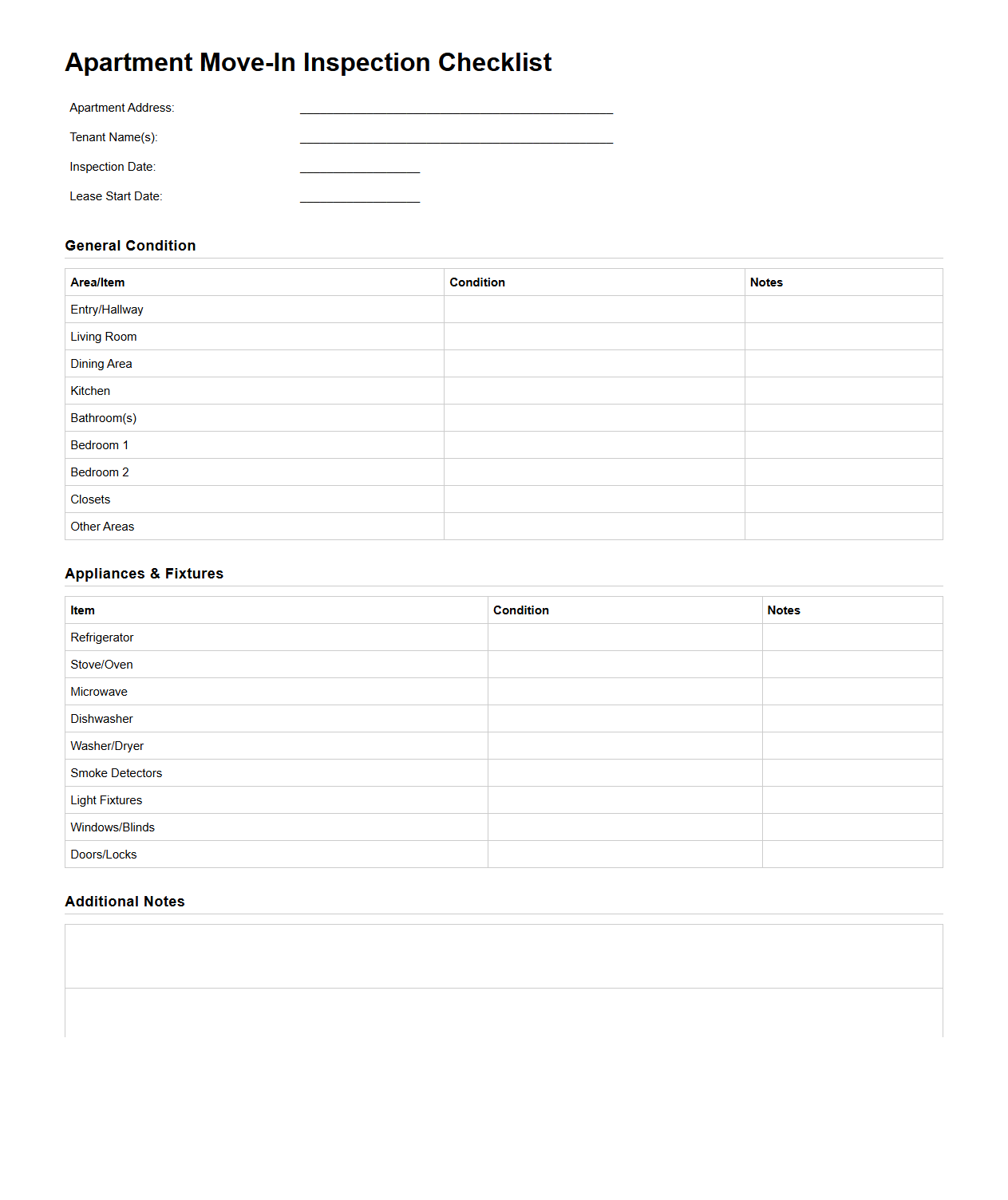 Blank Apartment Move-In Inspection Checklist Template
