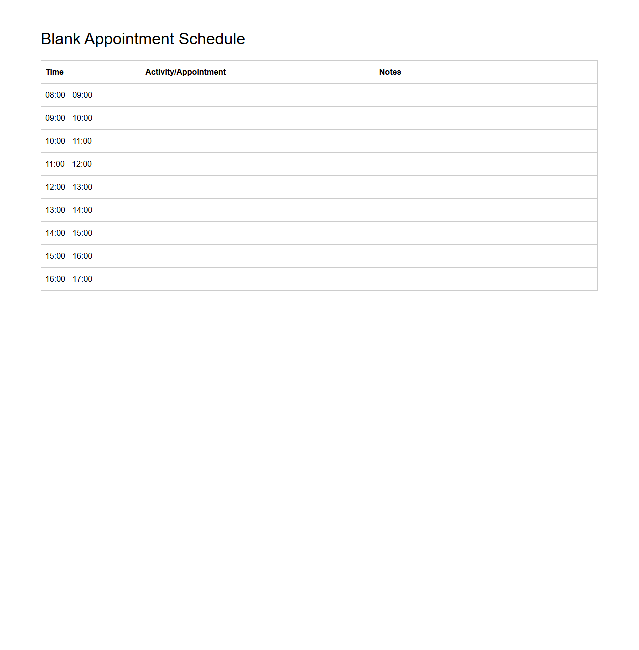 Blank Appointment Schedule Template for Daily Activities