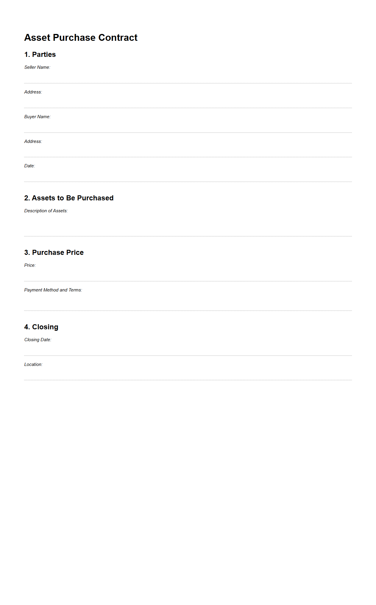 Blank Asset Purchase Contract for Business Transactions