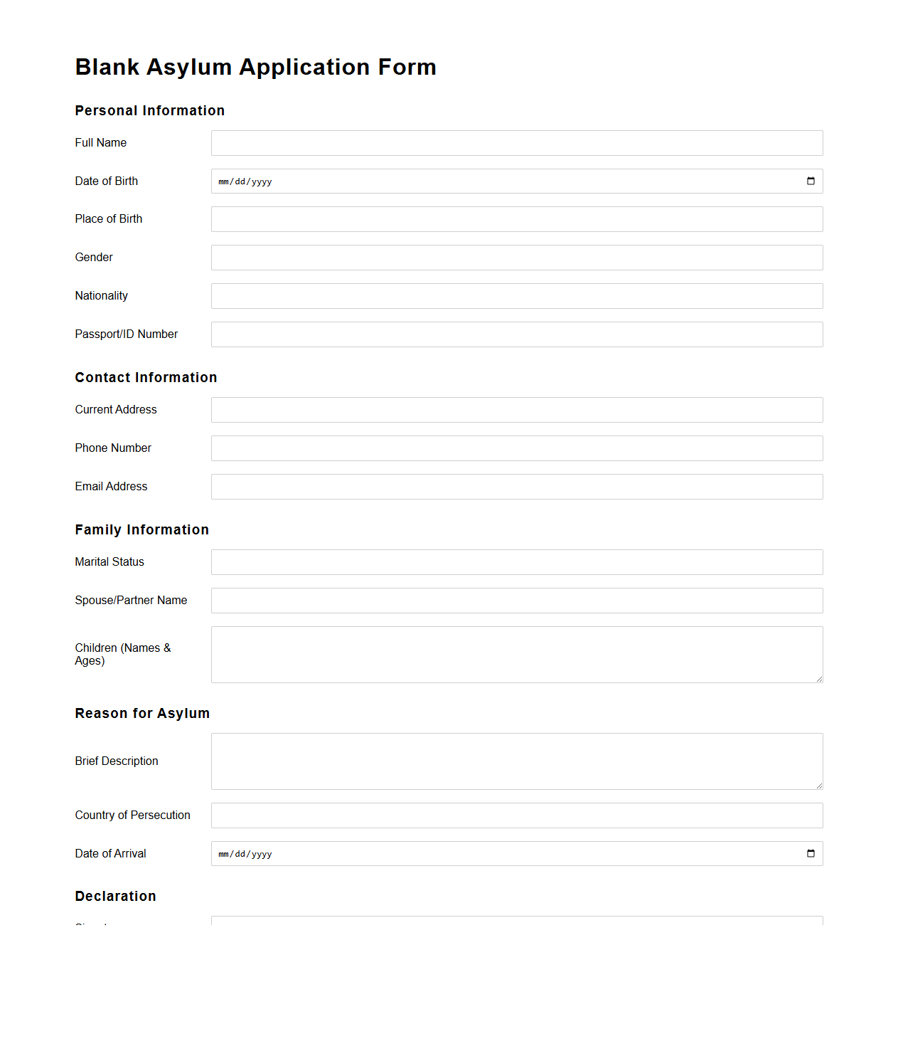 Blank Asylum Application Form Template