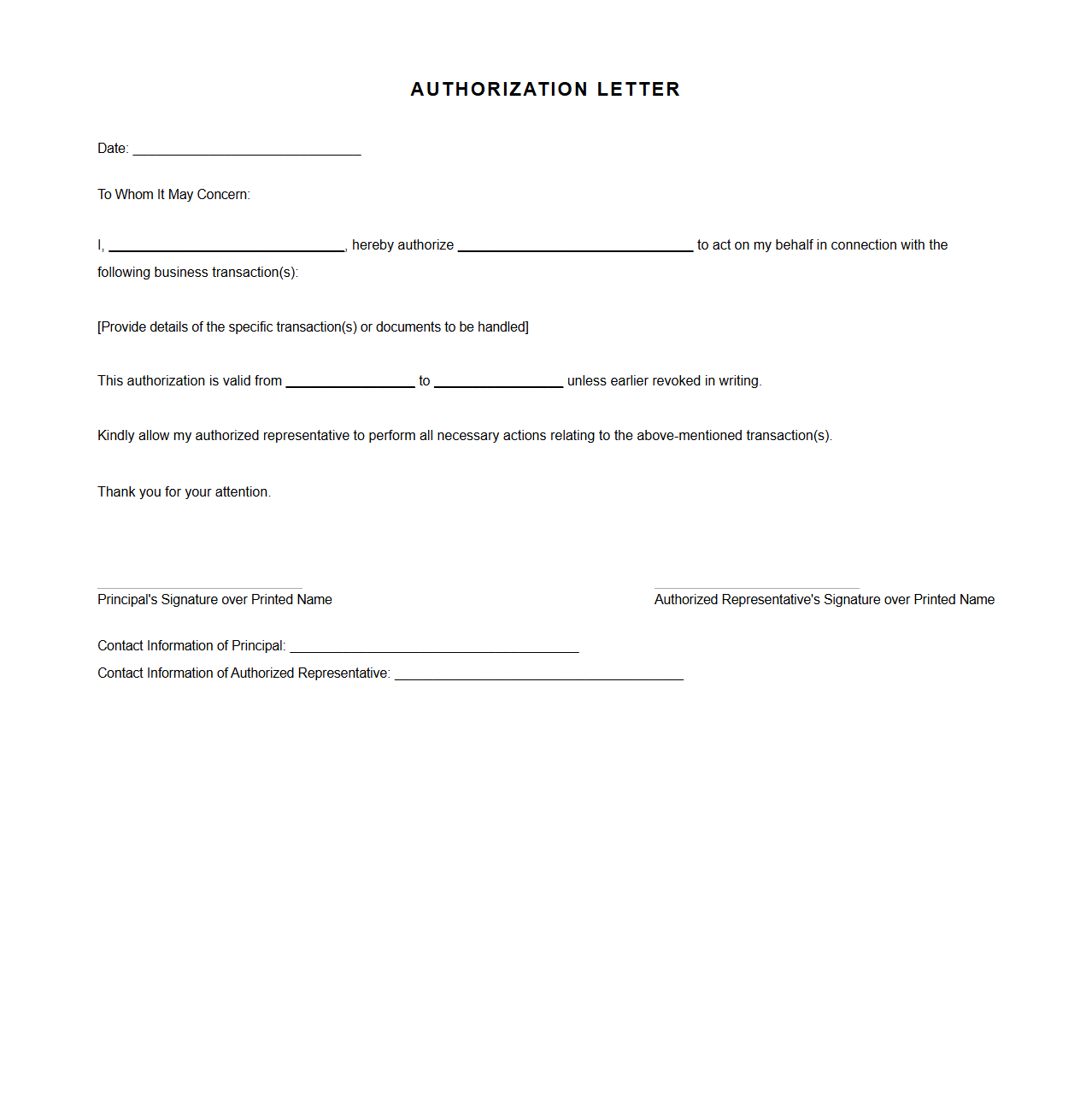 Blank Authorization Letter Template for Business Transactions