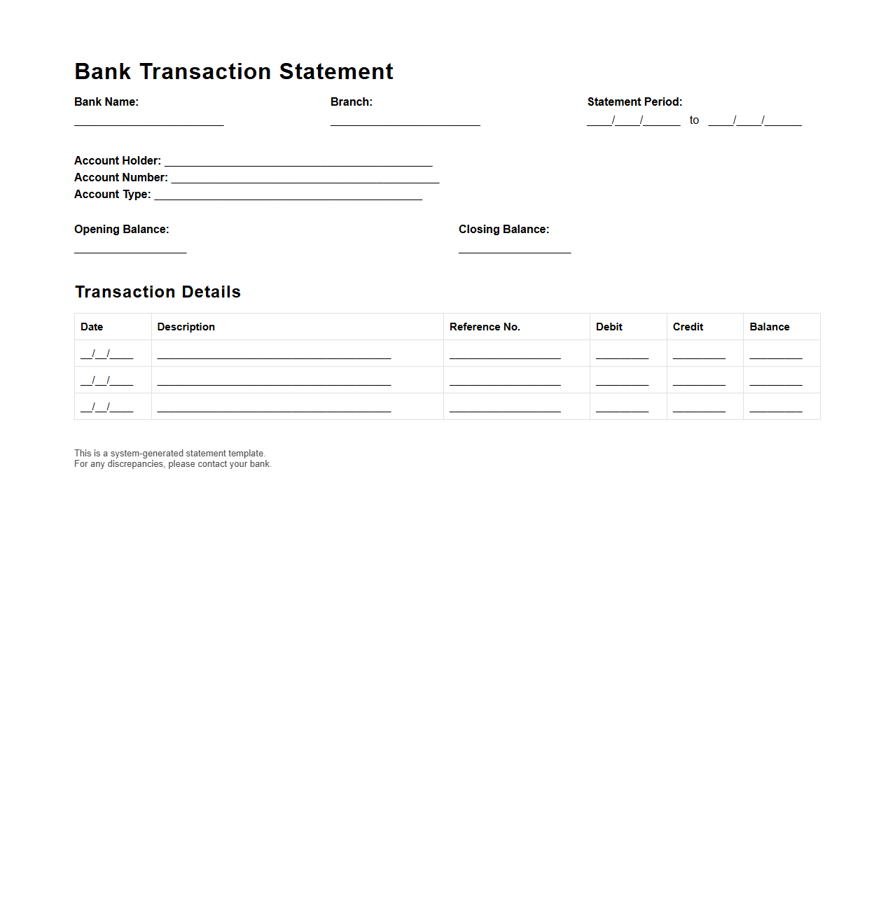 Blank Bank Transaction Statement Template