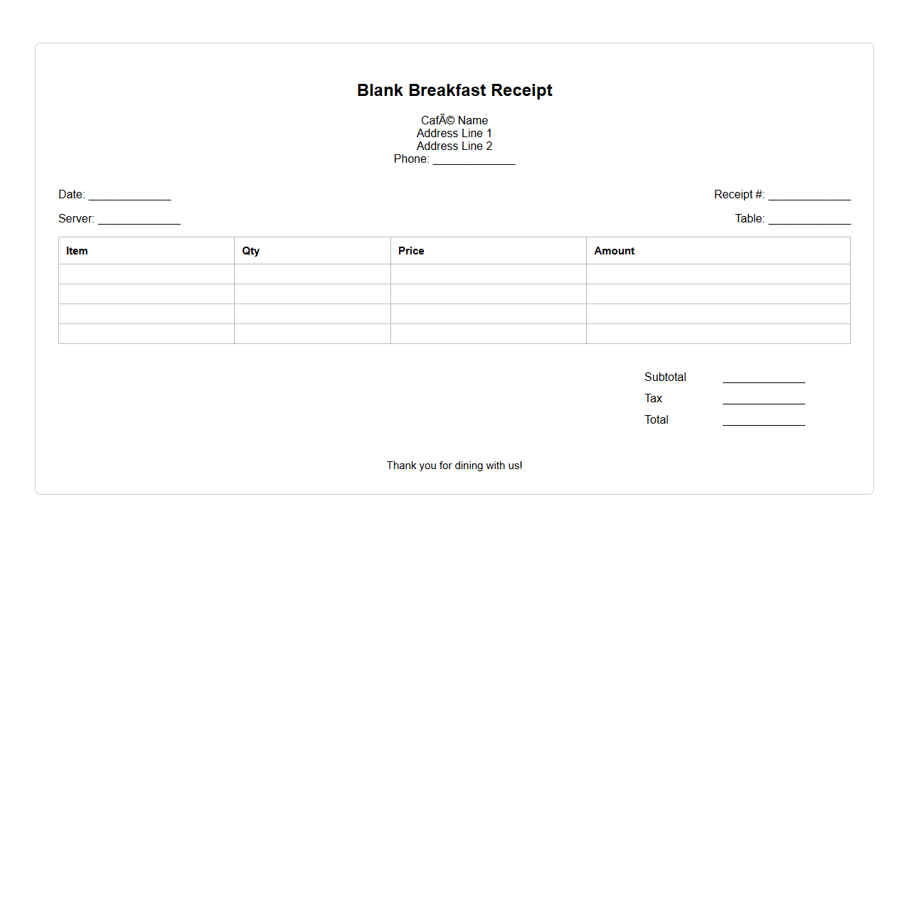Blank Breakfast Receipt Template for Cafés