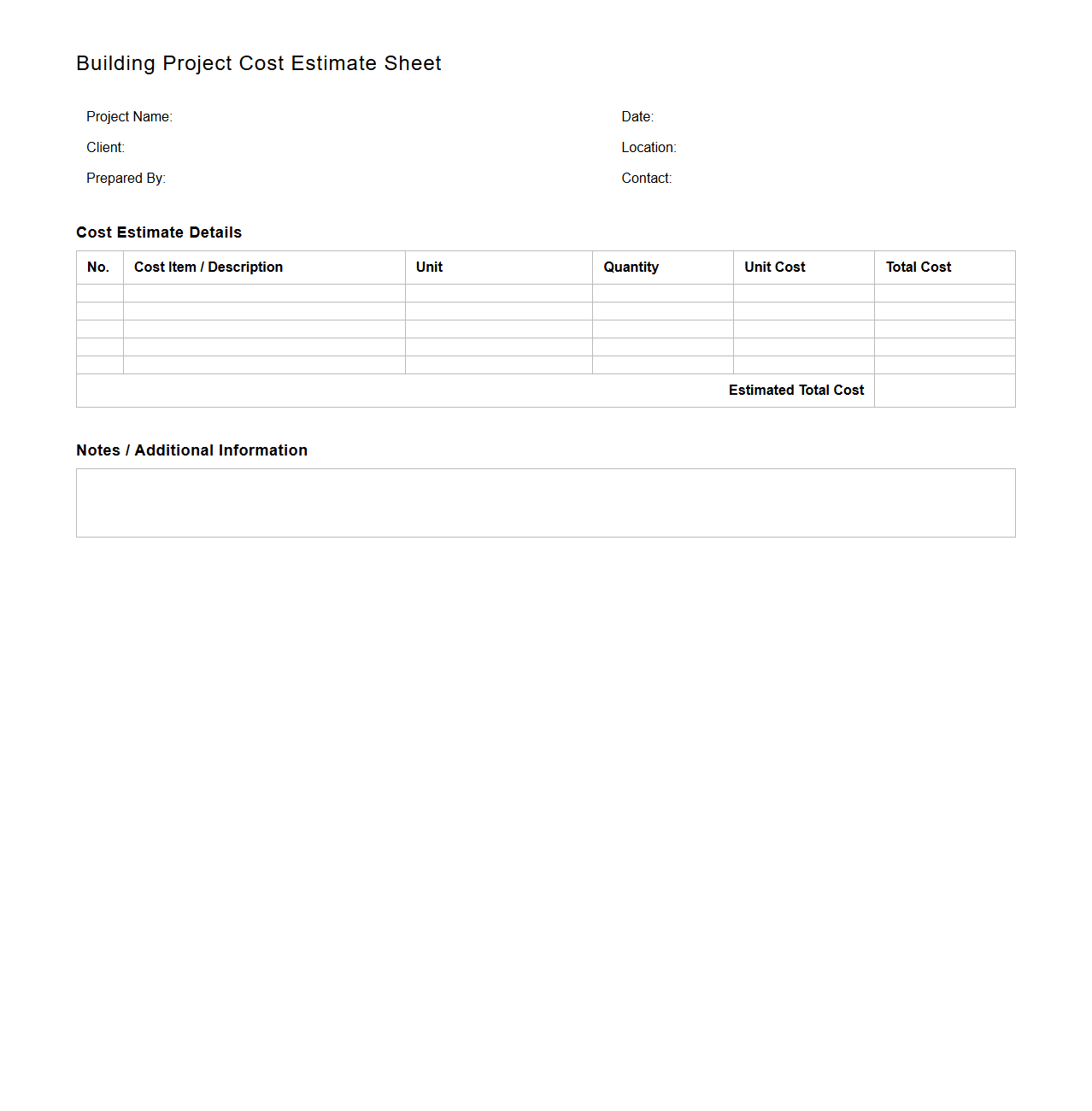 Blank Building Project Cost Estimate Sheet