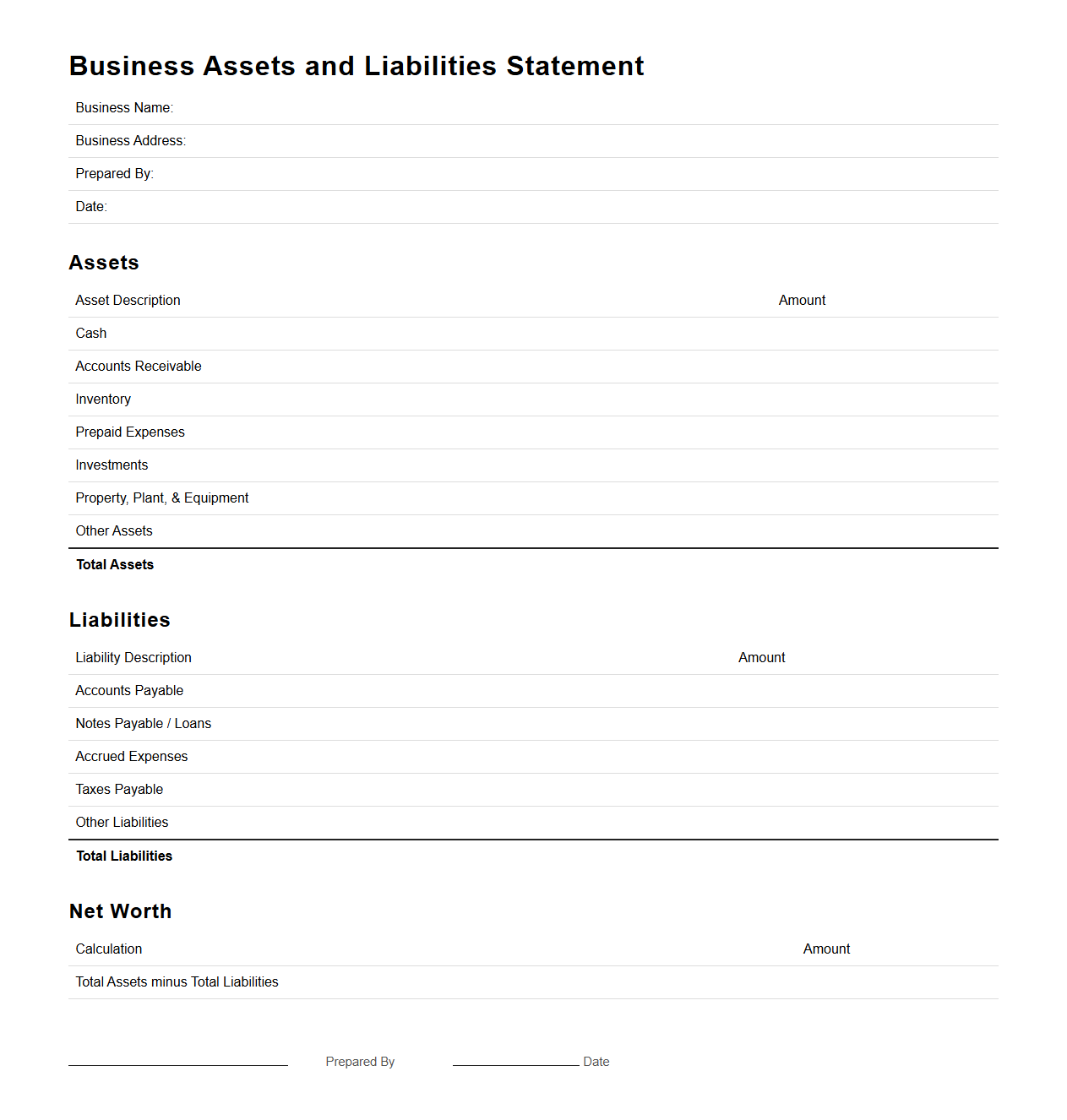 Blank Business Assets and Liabilities Statement for Loan Requests