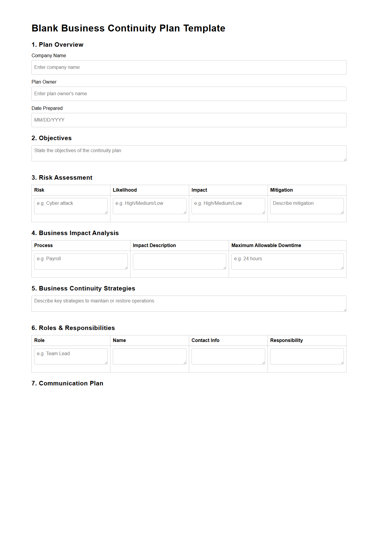 Blank Business Continuity Plan Template for Risk Management