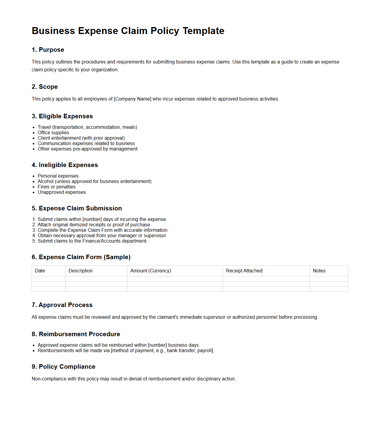 Blank Business Expense Claim Policy Template