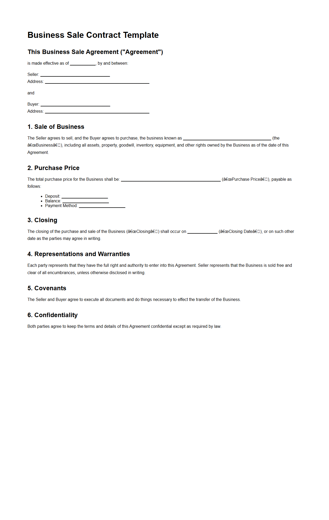 Blank Business Sale Contract Template for Corporate Transactions